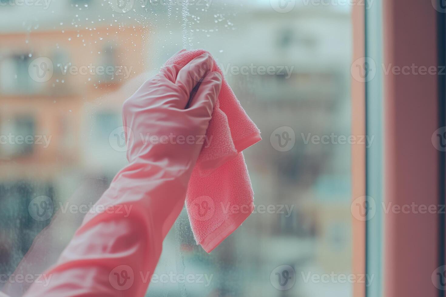 A woman in pink gloves cleans window glass with a microfiber cloth at home on a sunny day photo