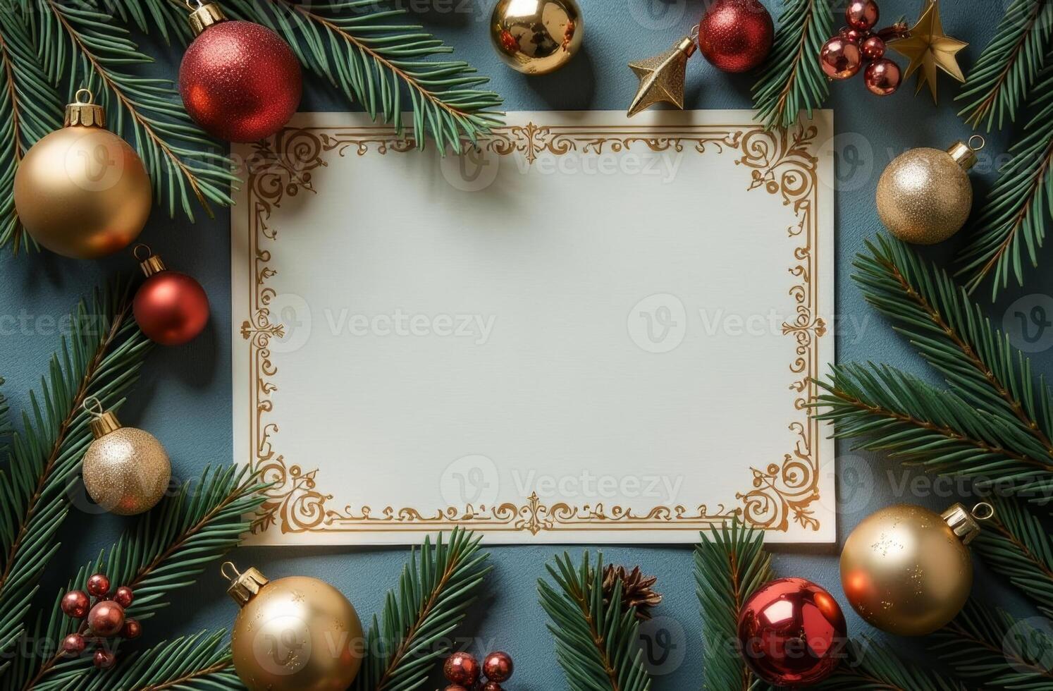 Decorative holiday arrangement with gold and red ornaments and a blank card framed by evergreen branches during festive celebrations photo