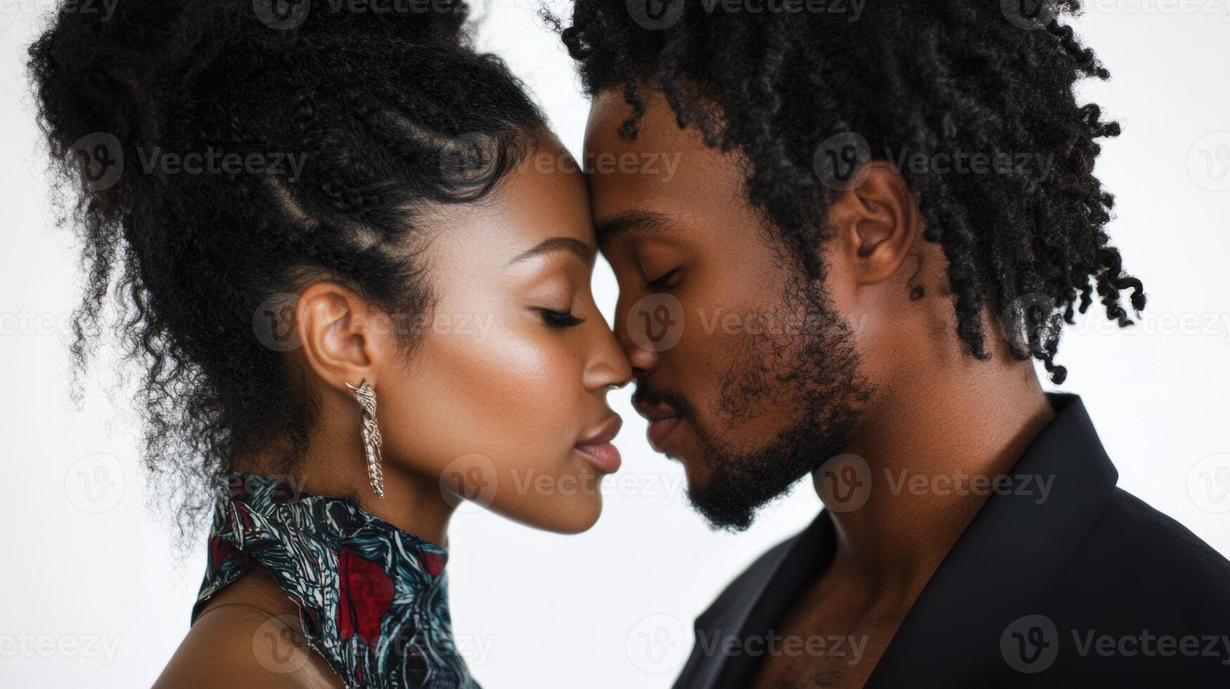 A beautiful black couple embracing in a tender kiss, sharing intimate moments and gazing into each other's eyes against a white background photo