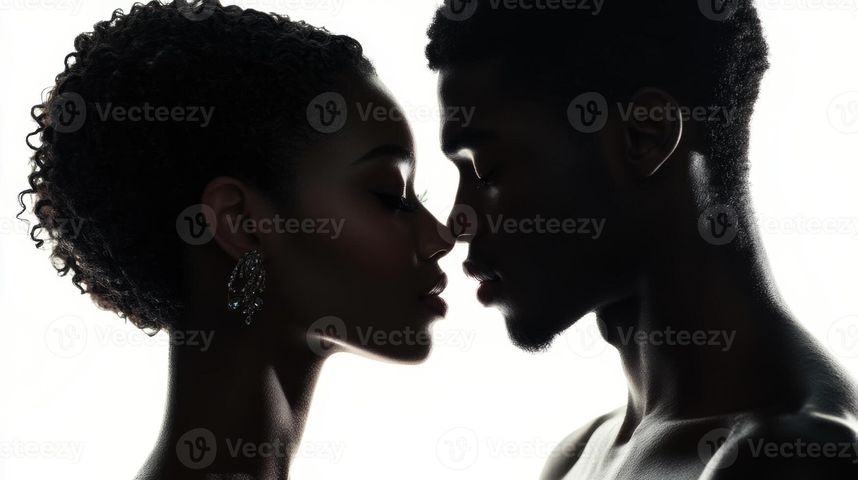 Beautiful black couple sharing a romantic kiss in an intimate moment against a white background photo