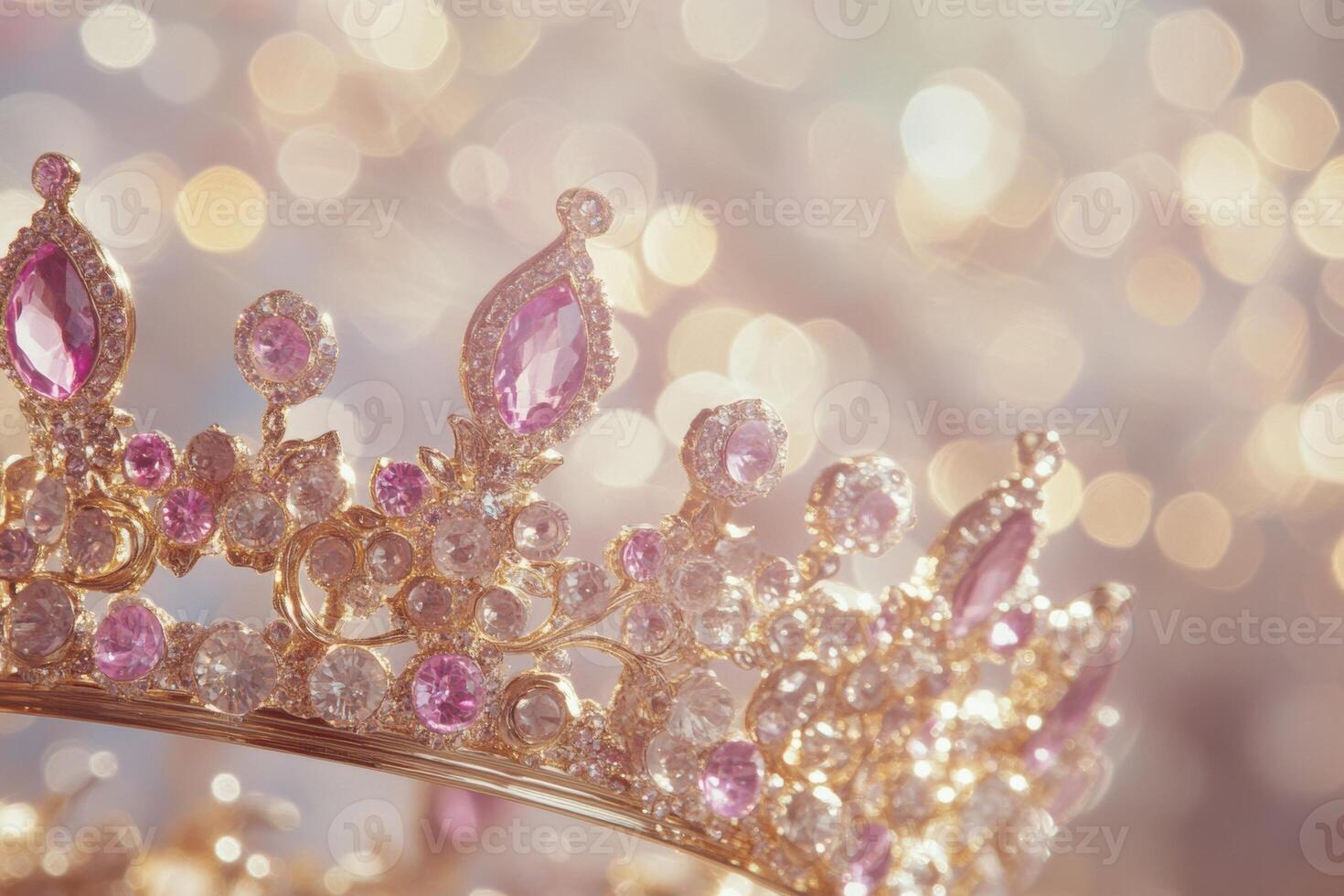 A luxurious gold crown embellished with pink gems shines against a soft bokeh background, evoking the essence of royalty and elegance photo