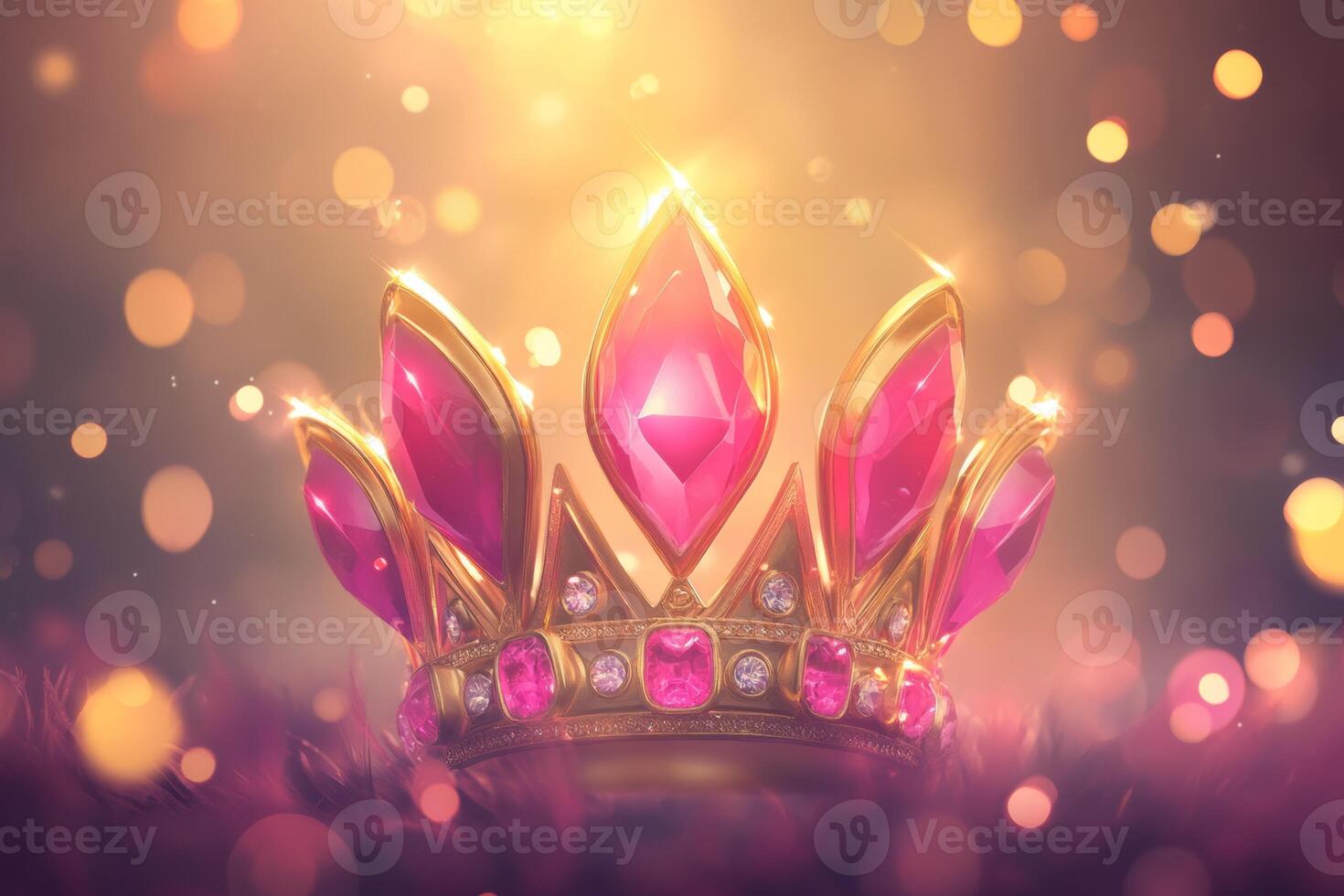 A luxurious gold crown embellished with pink gems shines brightly against a soft bokeh background, highlighting its royal elegance photo