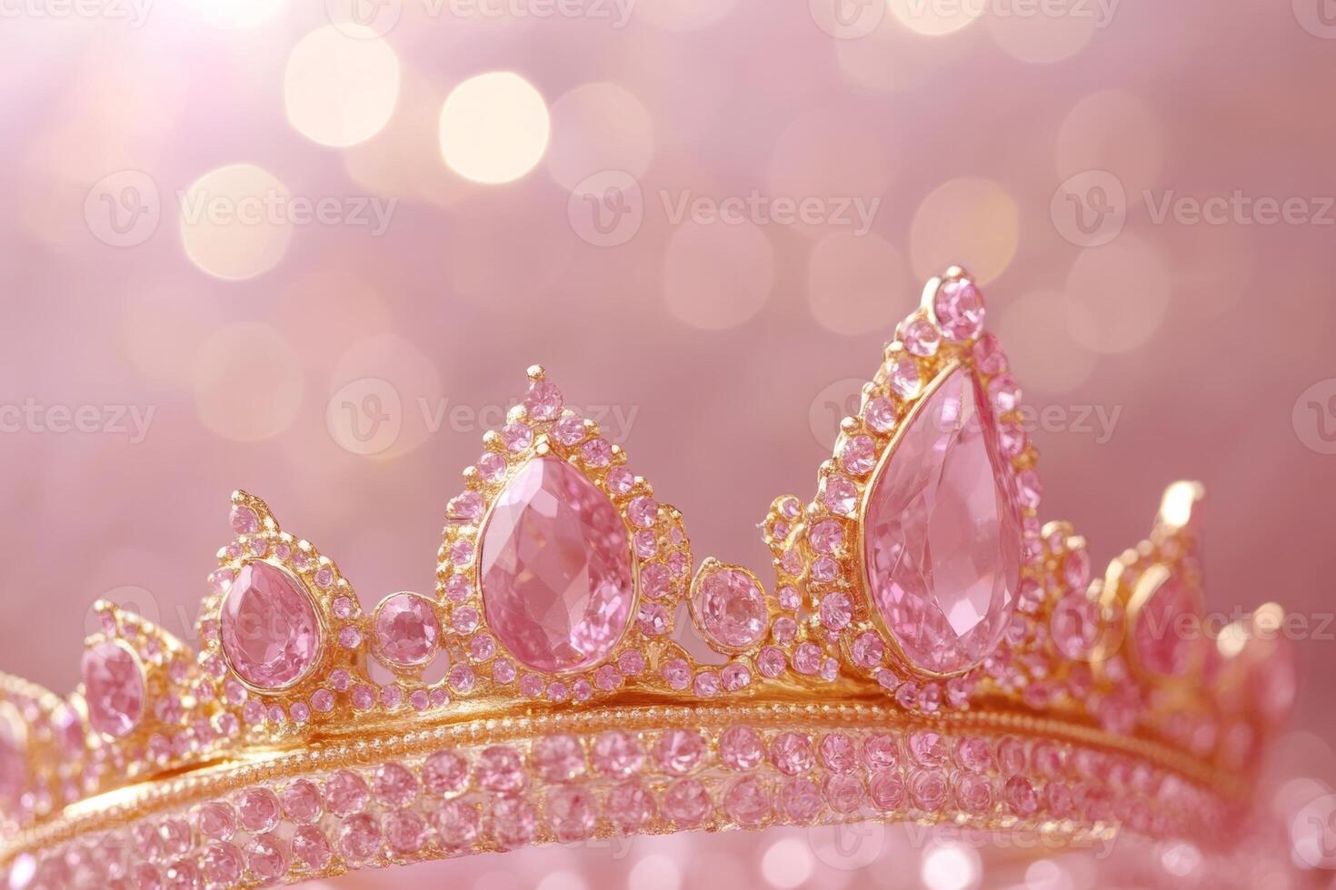 A stunning gold crown featuring elegant pink gems shines beautifully against a dreamy bokeh background, embodying luxury and royalty photo