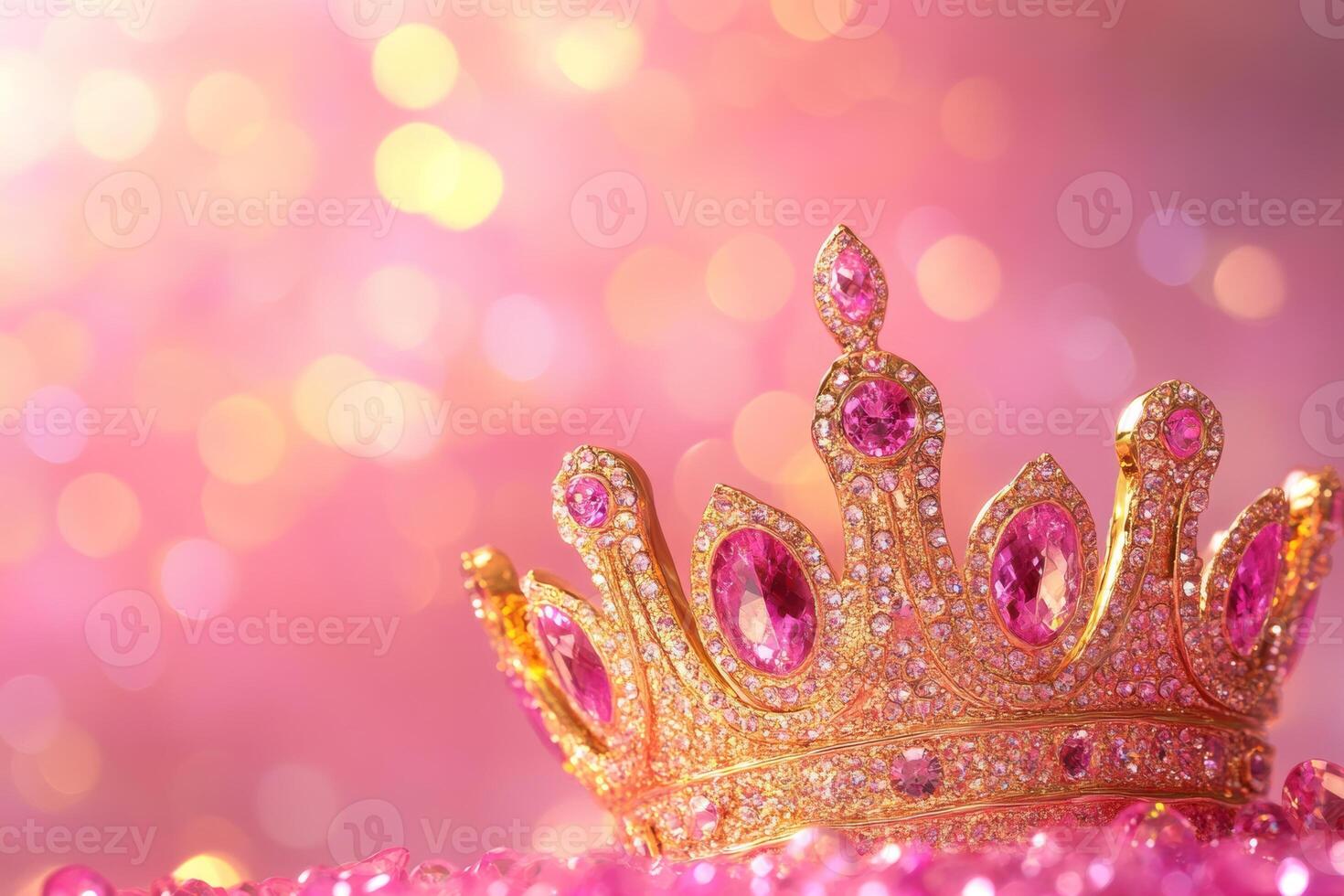 A stunning gold crown decorated with pink gems resting elegantly against a shimmering bokeh background, embodying elegance and luxury photo