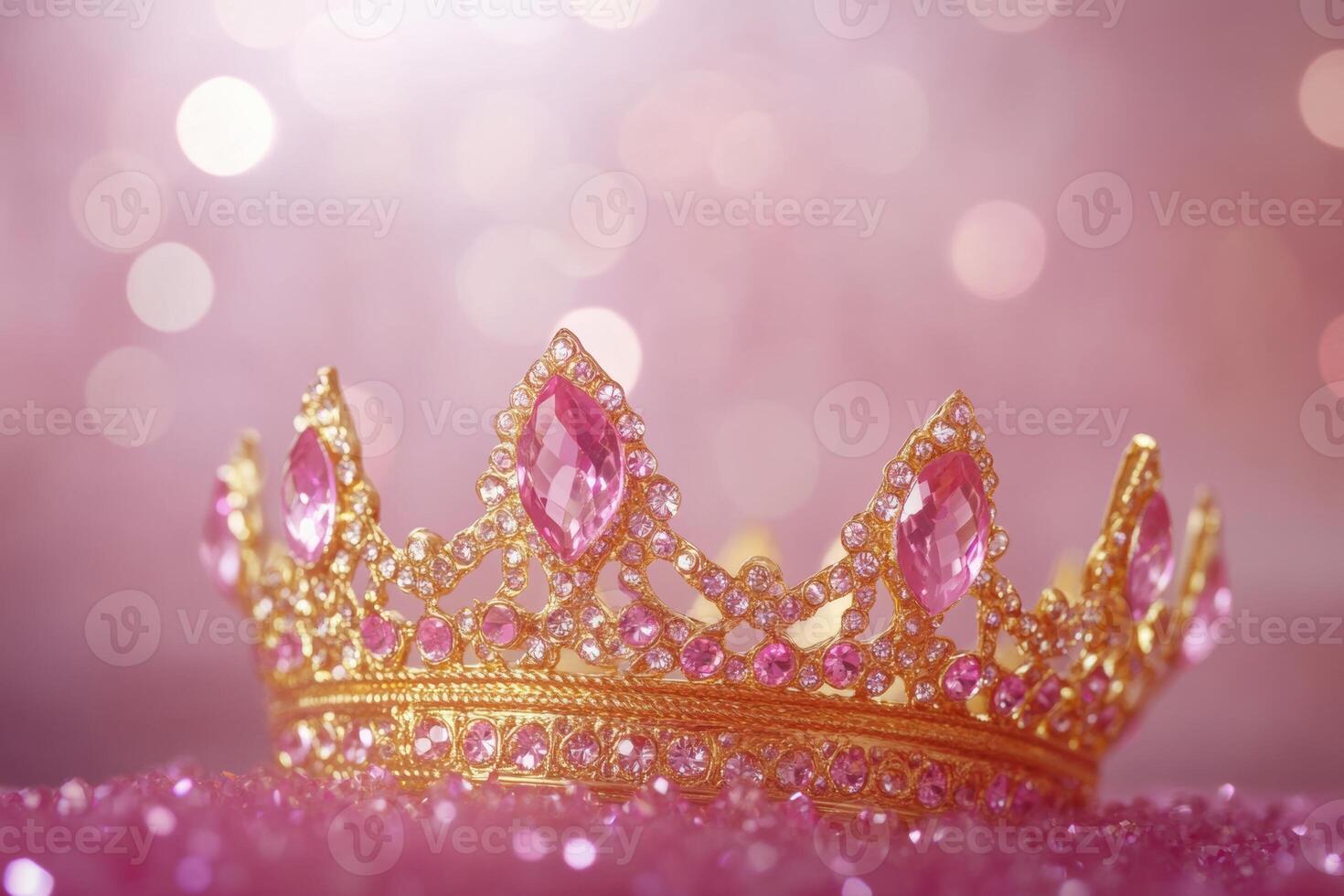 A stunning gold crown embellished with pink gems set against a shimmering bokeh background symbolizing opulence and elegance photo