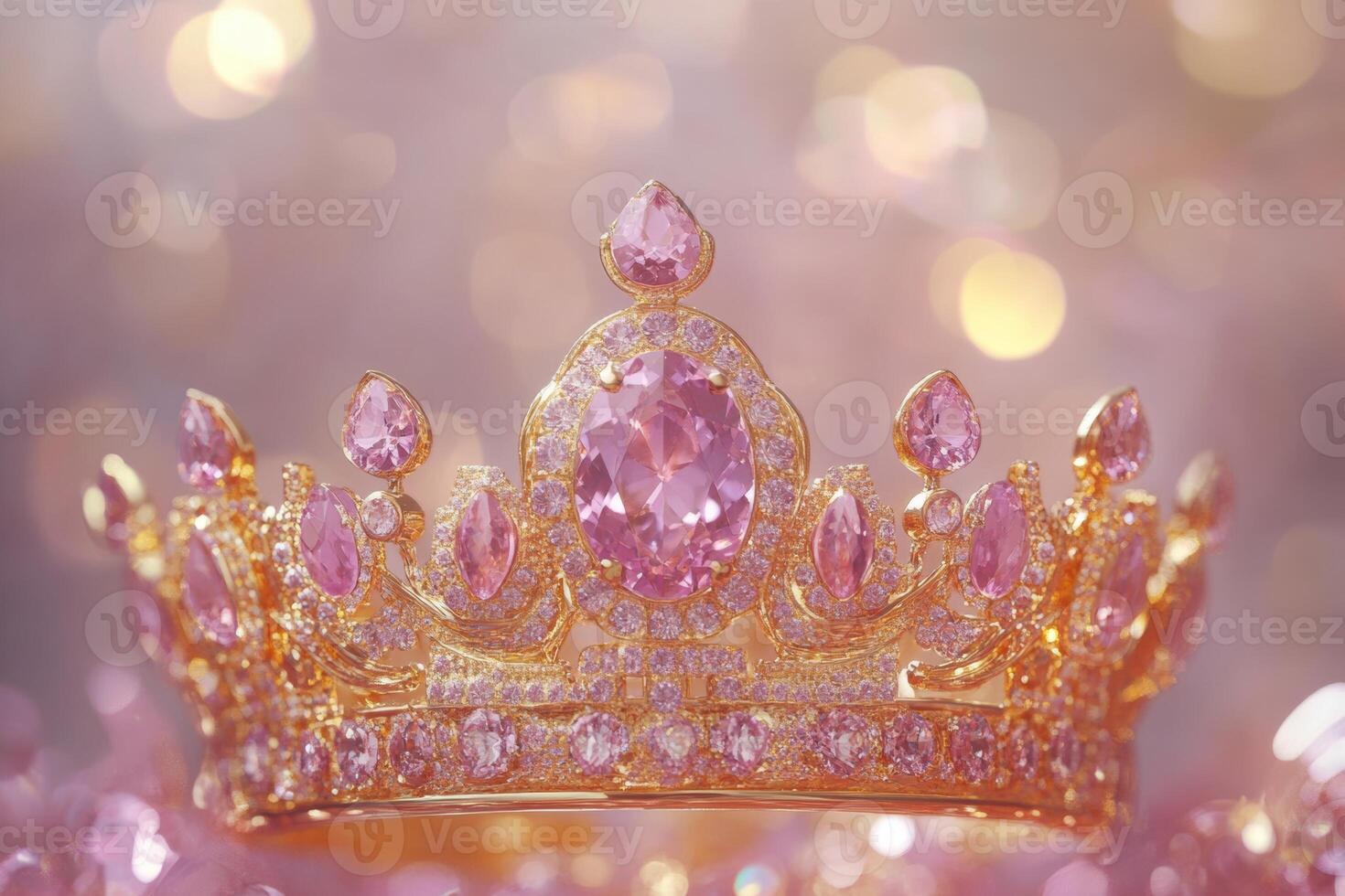A luxurious gold crown adorned with sparkling pink gems against a shimmering bokeh background, embodying elegance and royalty photo