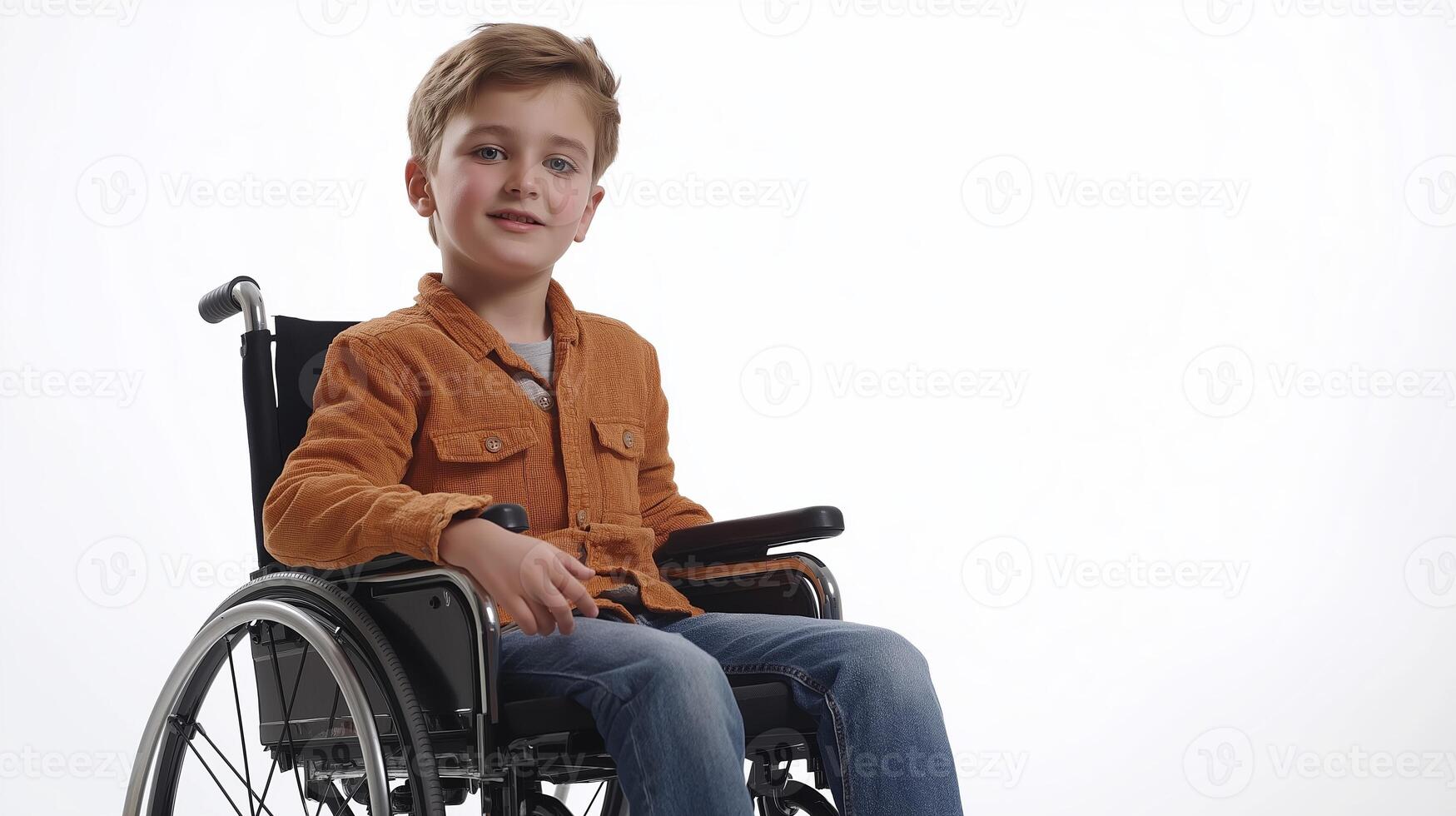 Handsome young boy in a wheelchair due to a spinal injury, sitting confidently against a white background in a studio photo