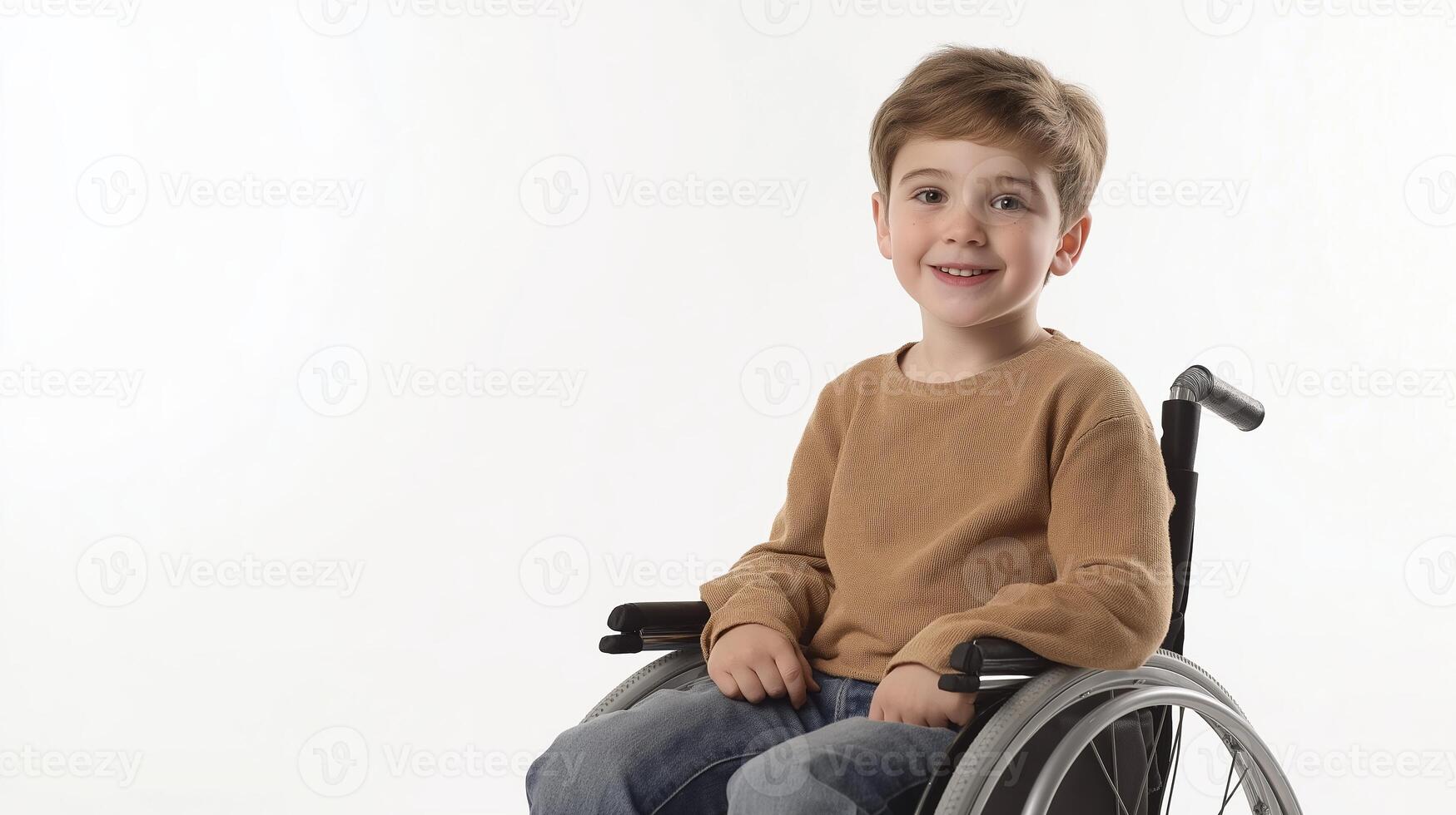 A cute young boy with a spinal injury smiles while sitting in a wheelchair against a white background in a studio setting photo