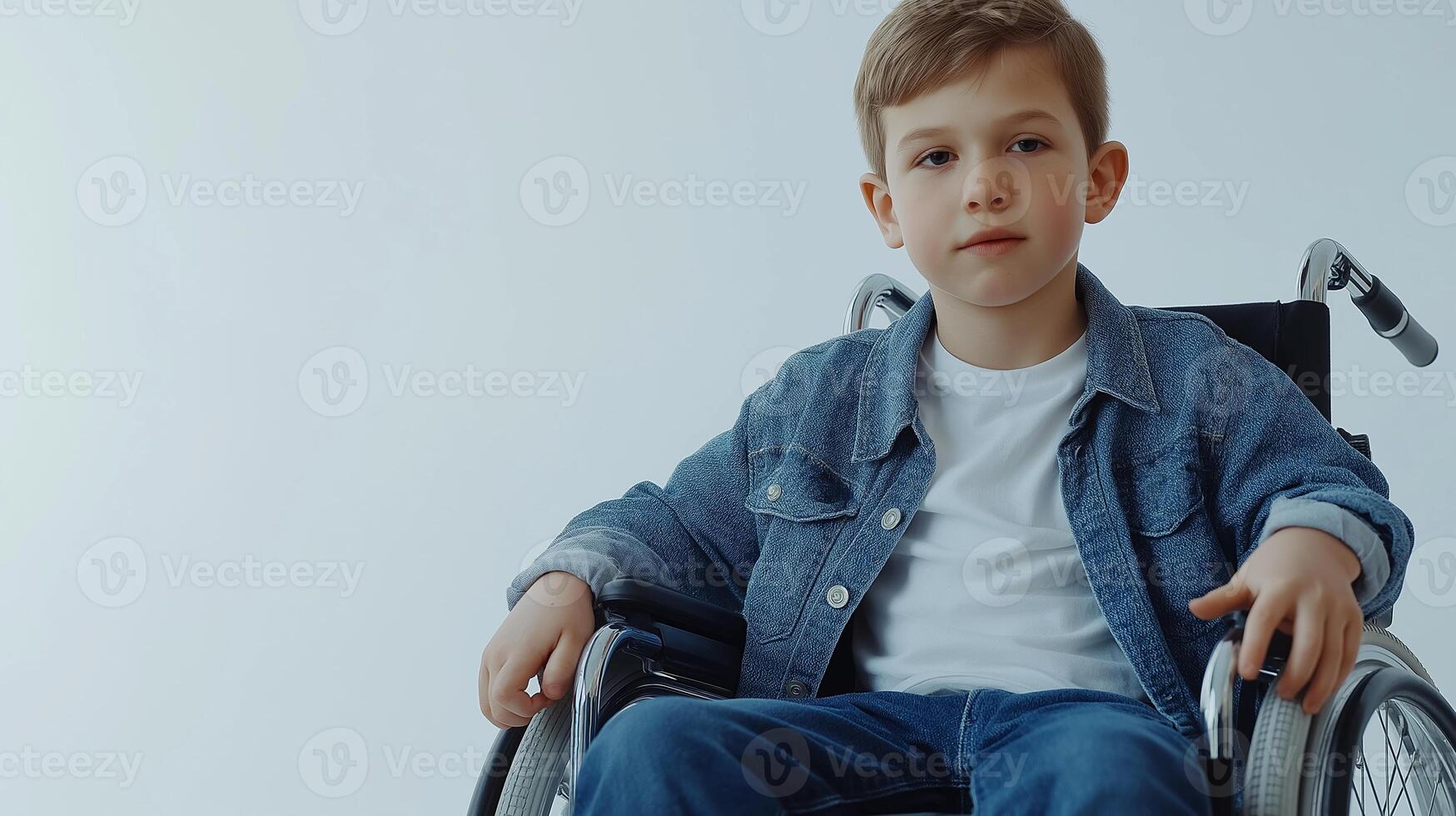 Handsome young boy in a wheelchair sitting confidently in a studio, showcasing his vibrant personality and resilience against adversity photo