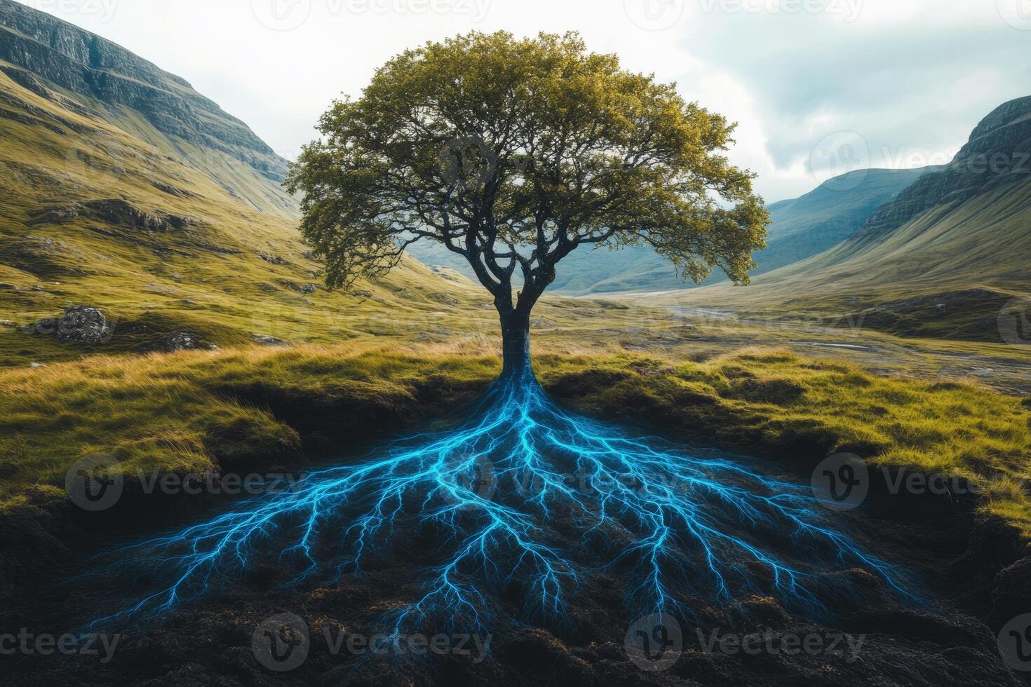 A solitary tree with vibrant blue electric roots in a mountainous landscape at dawn, illustrating the connection between nature and energy photo