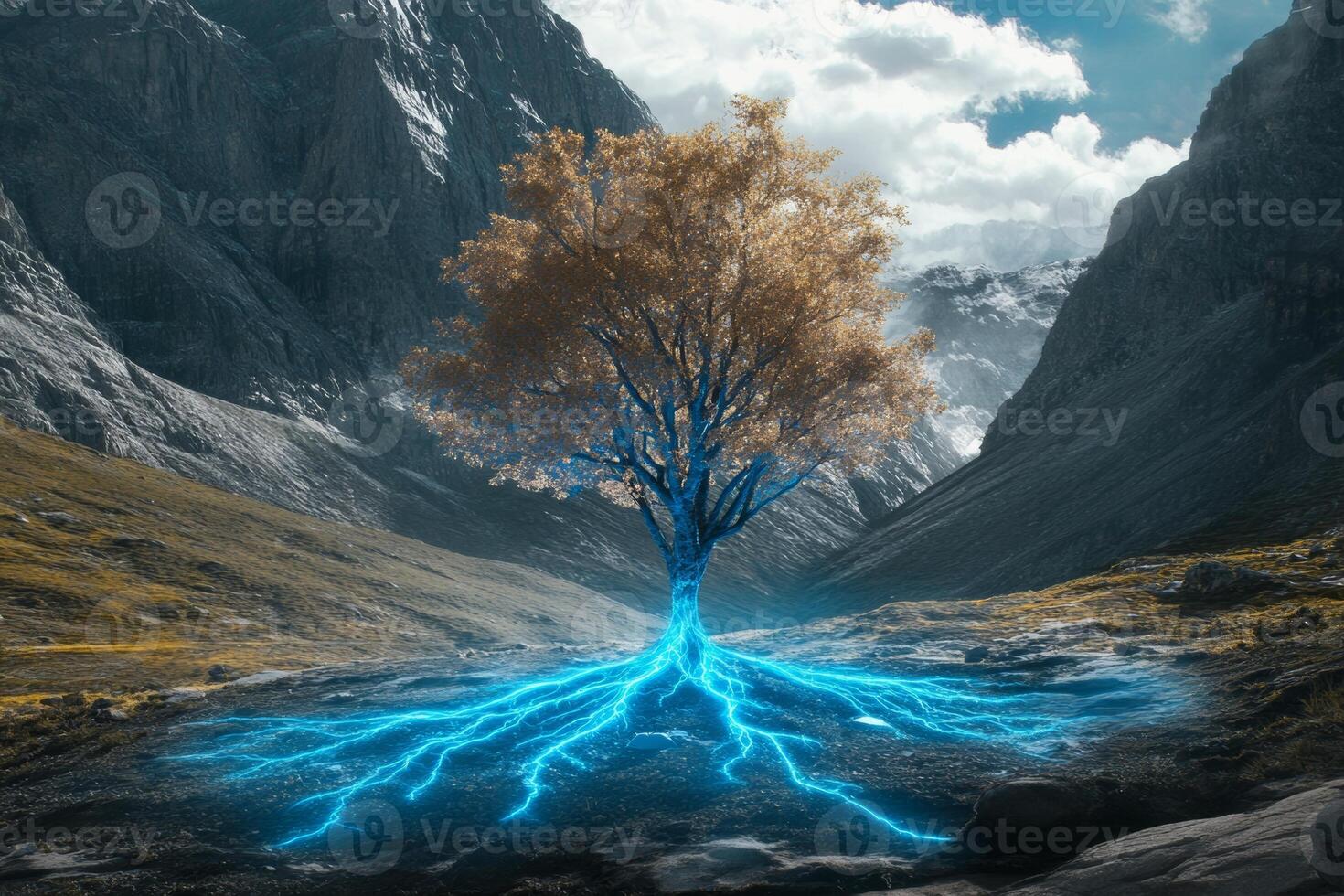 A solitary tree with electric blue roots in a serene mountainous landscape on a bright day photo