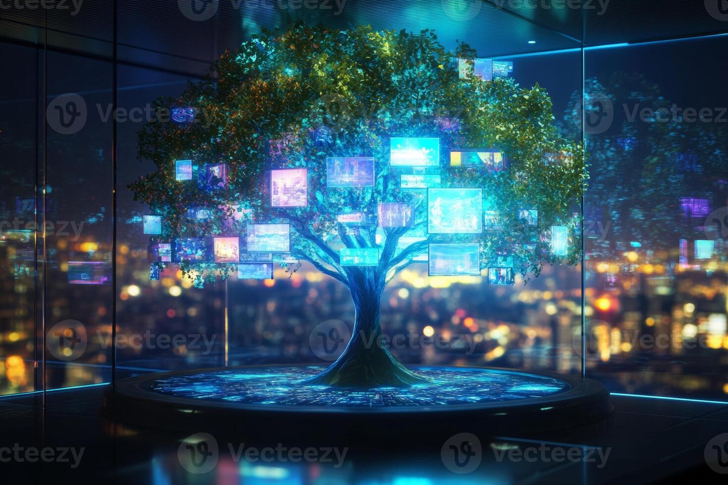 A futuristic tree grows from a virtual reality platform, showcasing holographic screens of life in a vibrant, high-energy environment photo