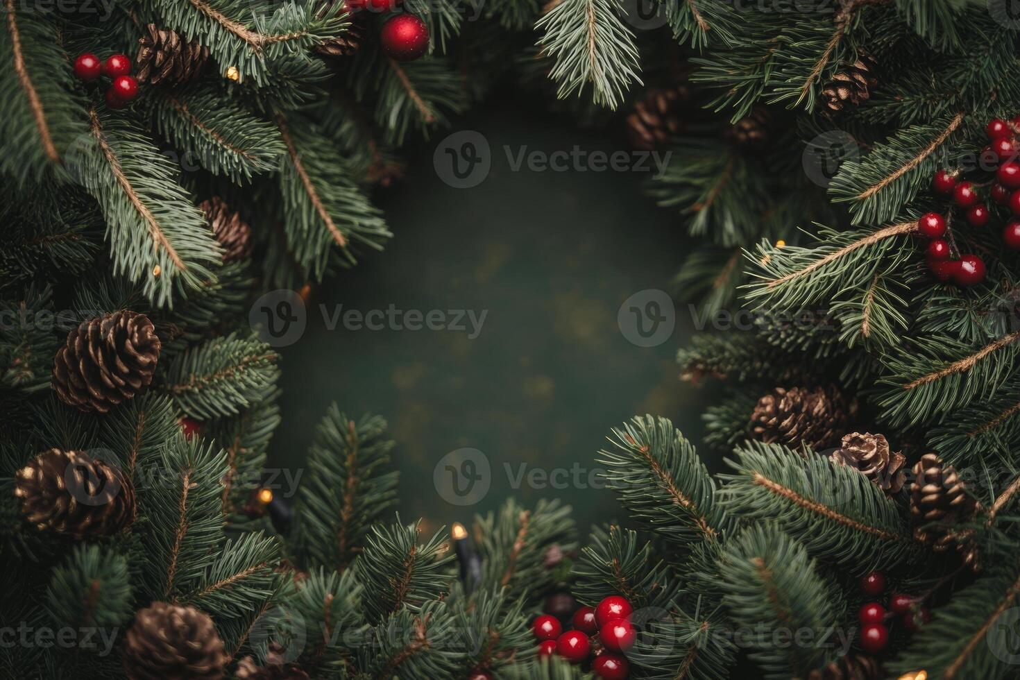 Festive Christmas letter or menu background framed by pine branches, red berries, and pine cones, perfect for holiday celebrations photo