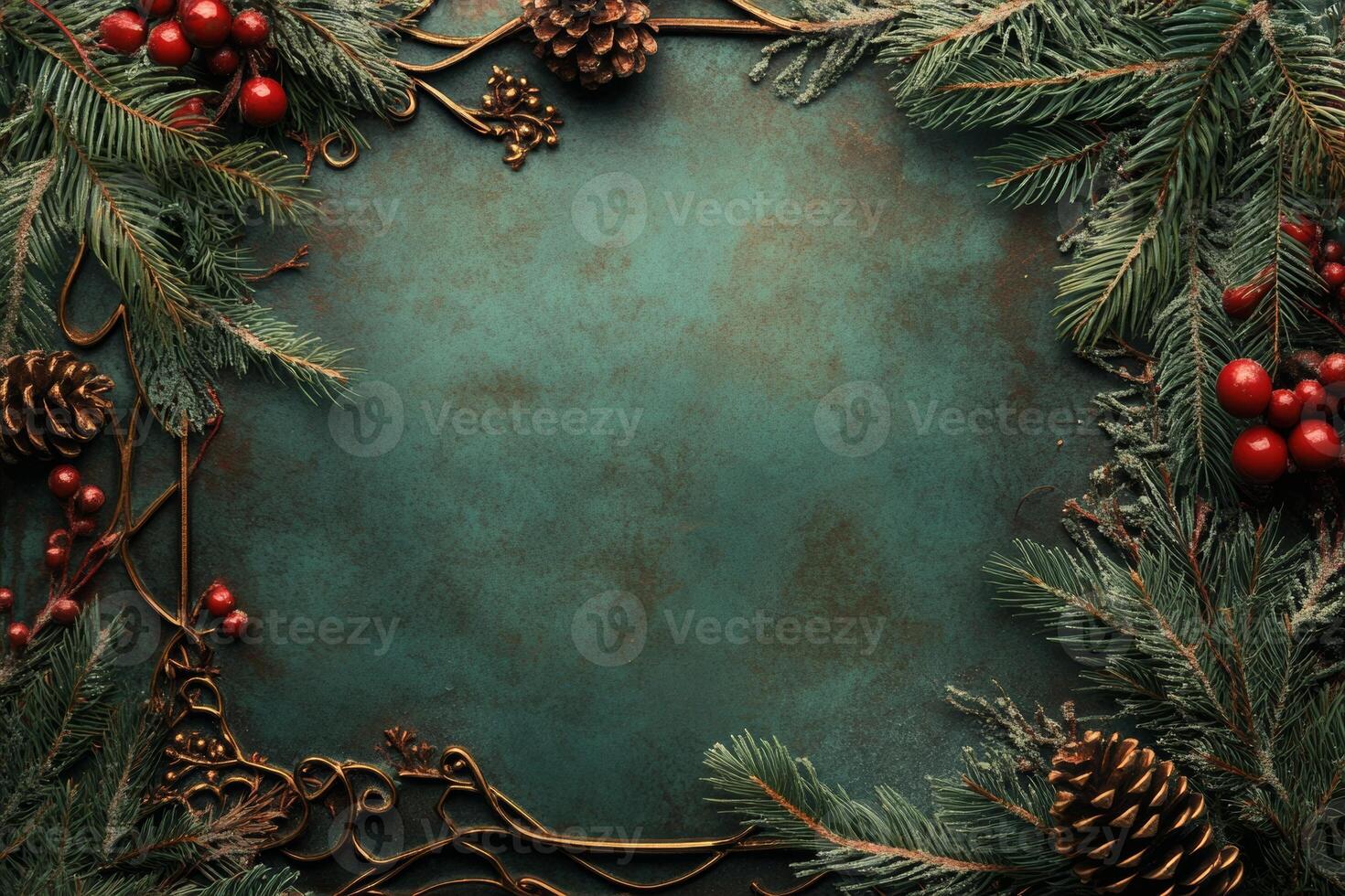 A festive Christmas letter or menu frame adorned with evergreen branches, pinecones, and red berries, perfect for holiday celebrations photo