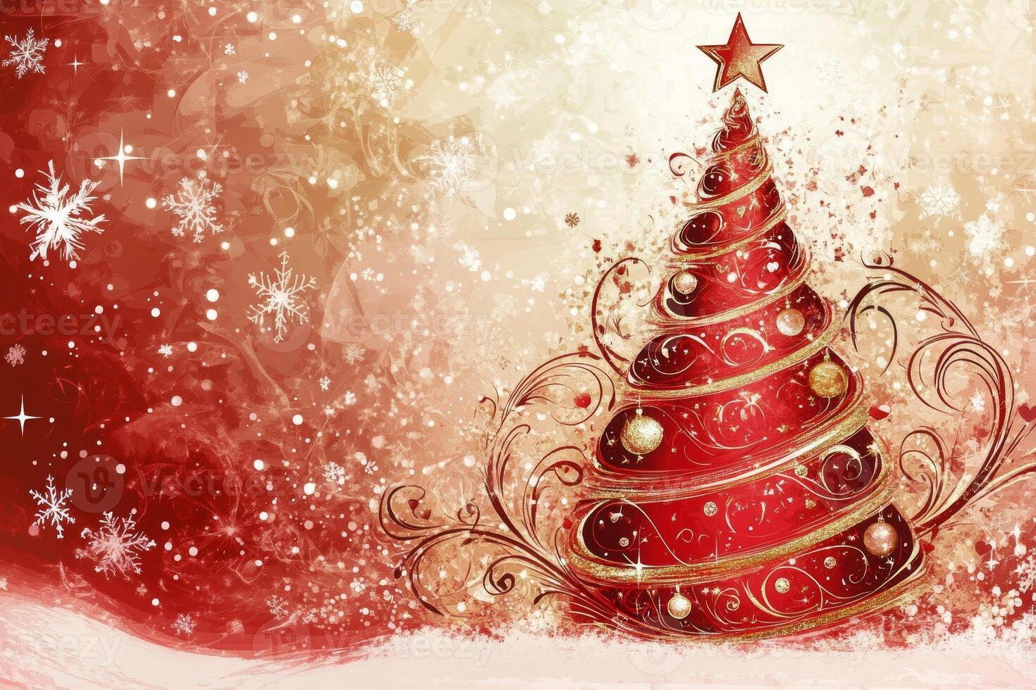 A festive Christmas letter or menu background featuring a beautifully decorated tree with red and gold accents amidst a snowy landscape photo