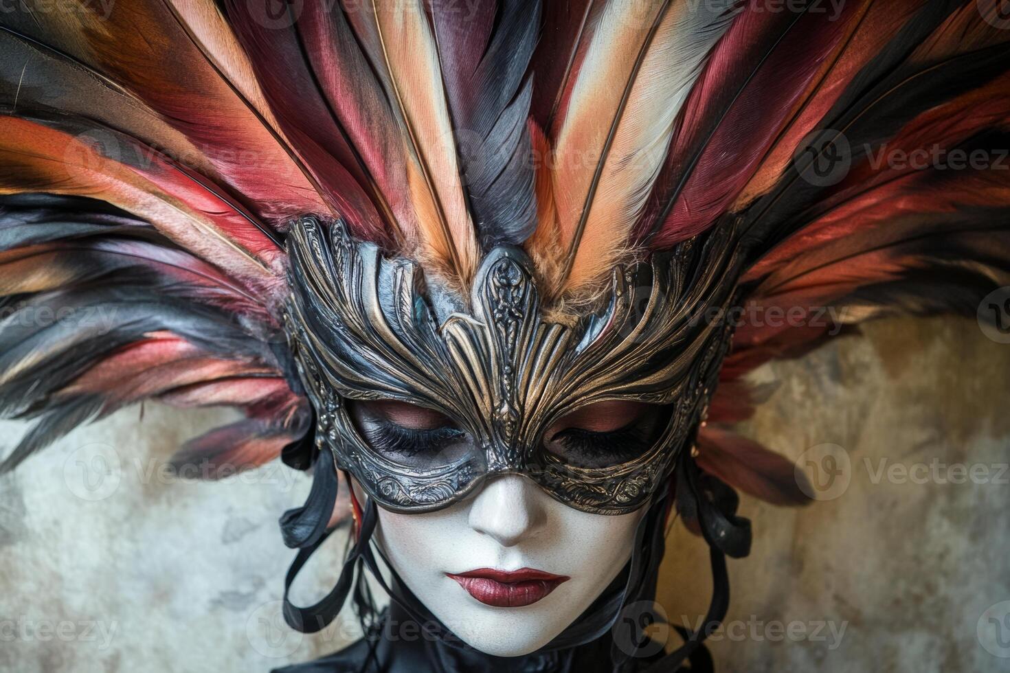 Elegant feathered mask showcasing intricate design worn by a model during a masquerade event at dusk photo