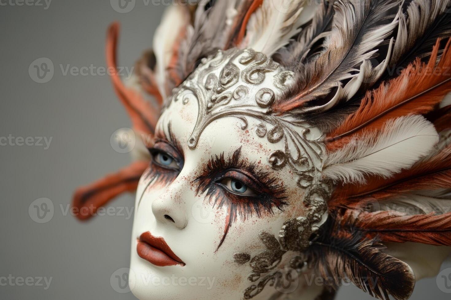 A stunning, intricately designed mask adorned with vibrant feathers, reflecting elegance and artistry during a masquerade event photo