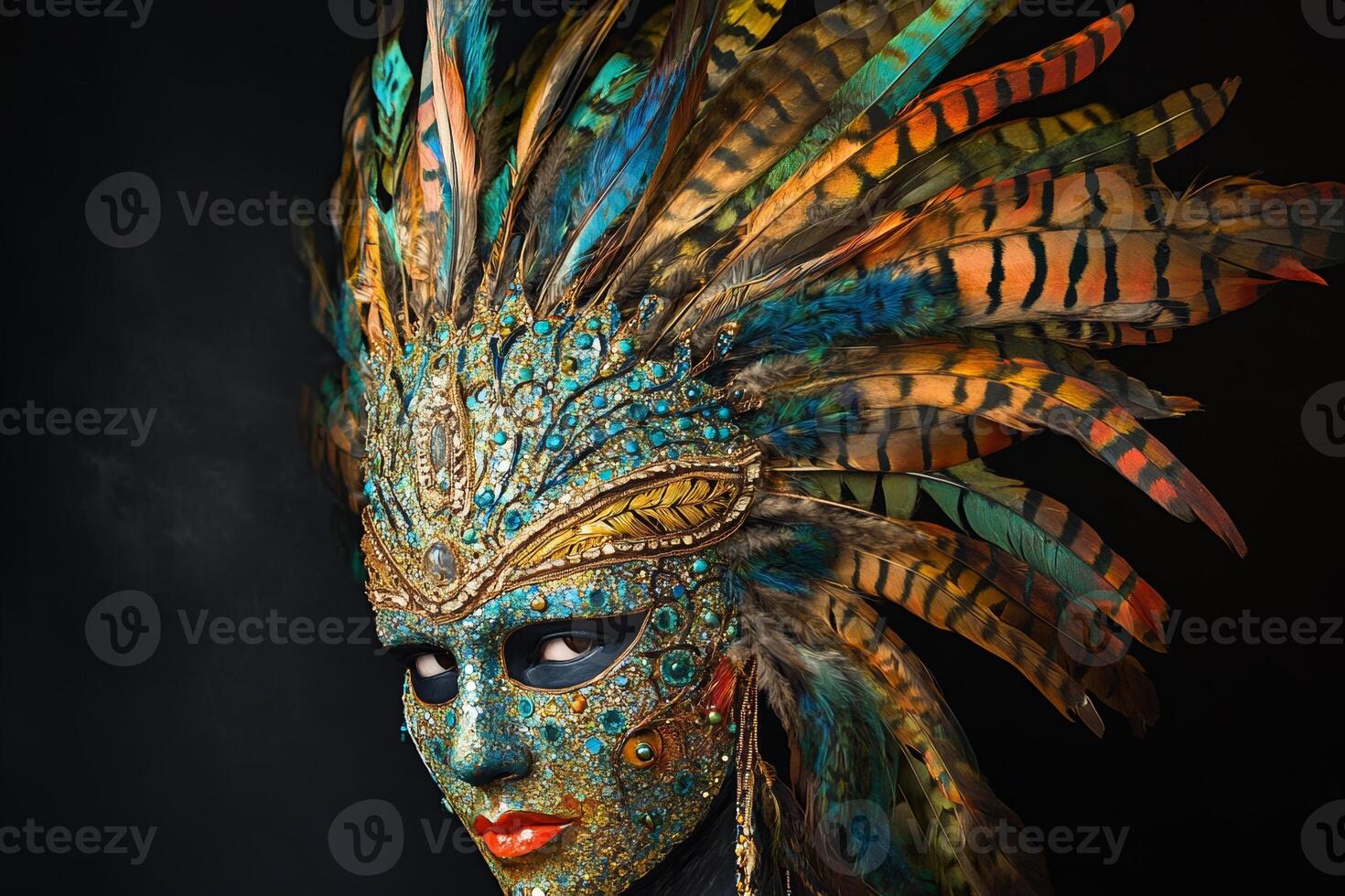 A stunning masquerade mask adorned with vibrant feathers and intricate decorations, capturing the essence of artistic expression and celebration photo