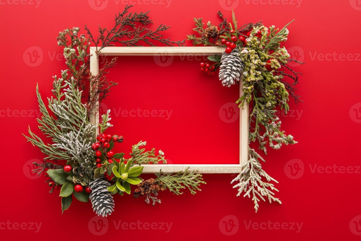 Creative Christmas frame adorned with festive greenery and red accents for holiday invitations and postcards photo