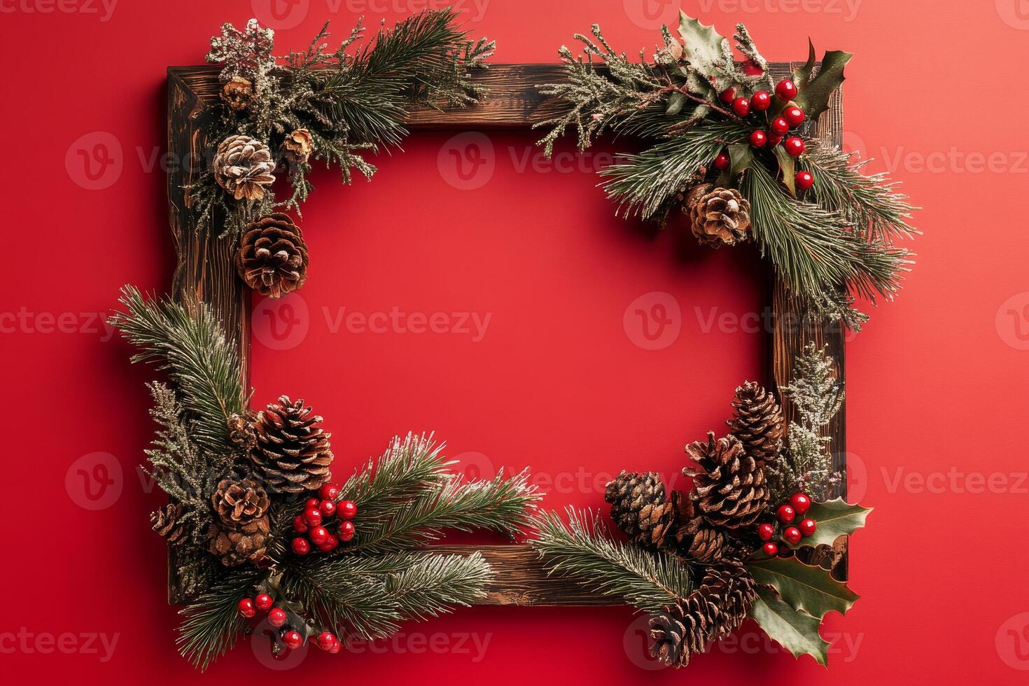 Creative Christmas frame on a red background designed for holiday invitations and postcards during the festive season photo