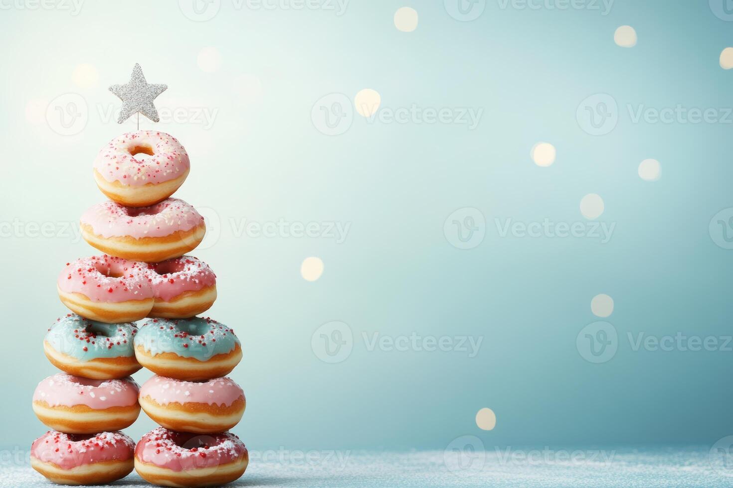 Adorable Christmas tree made of colorful donuts with a star on top and light bokeh background perfect for festive celebrations photo