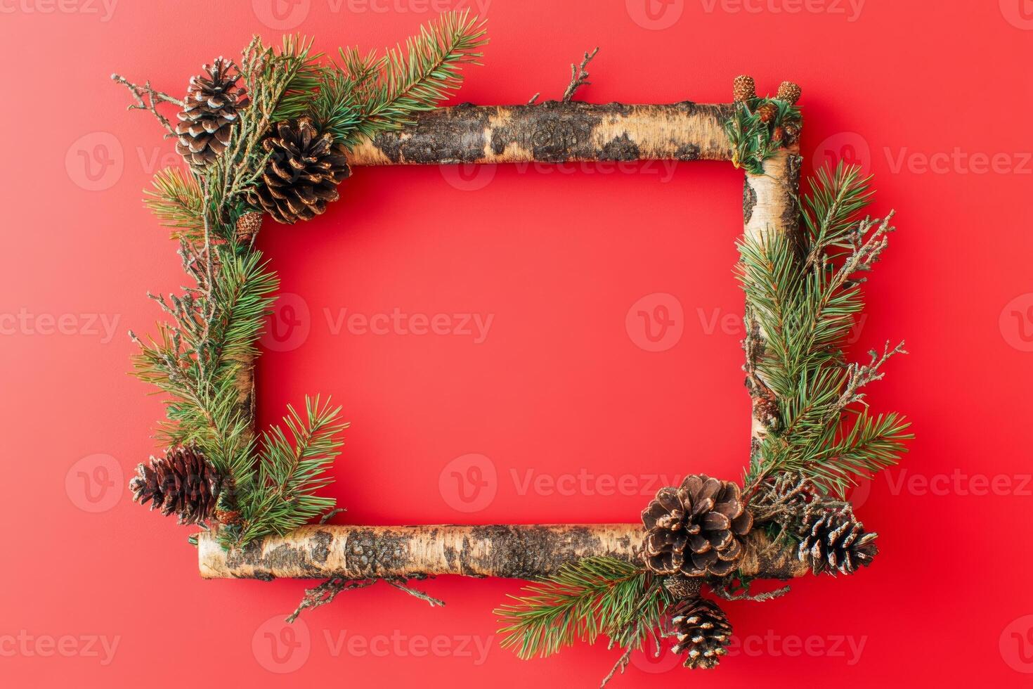 Creative Christmas frame on a vibrant red background, perfect for holiday greetings, invitations, and New Year celebrations photo