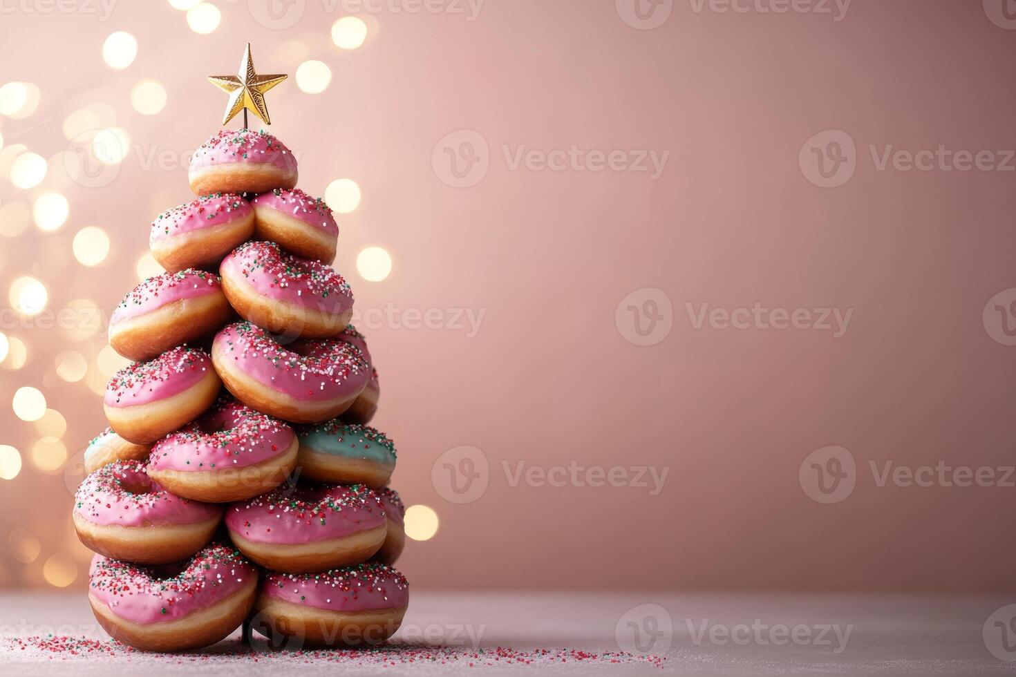 Charming Christmas tree made of colorful donuts topped with festive sprinkles and a star, perfect for holiday celebrations photo