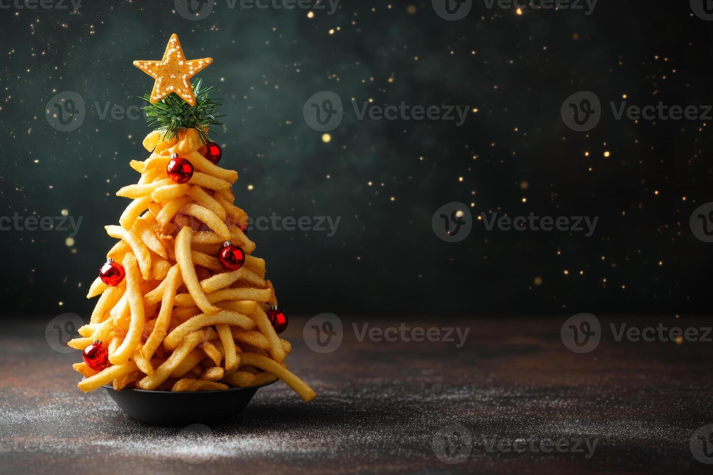 Cute Christmas tree made of crunchy french fries decorated with festive ornaments, creating a fun and unique holiday treat photo