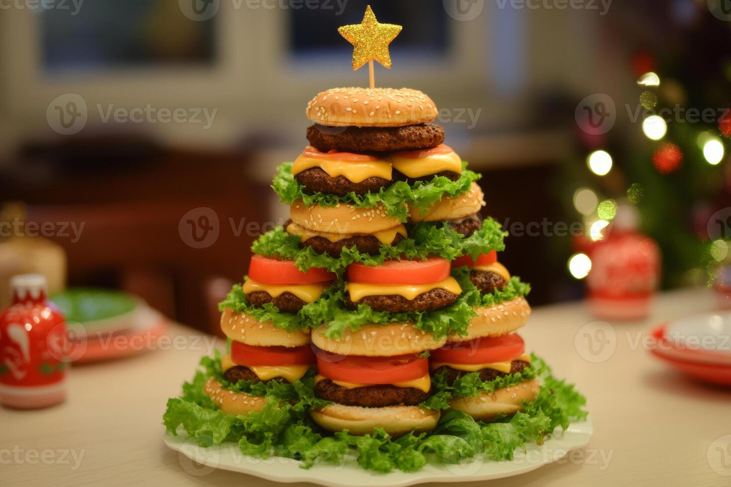A delightful hamburger tree decorated with festive toppings and a star on top, set against a cozy holiday backdrop photo