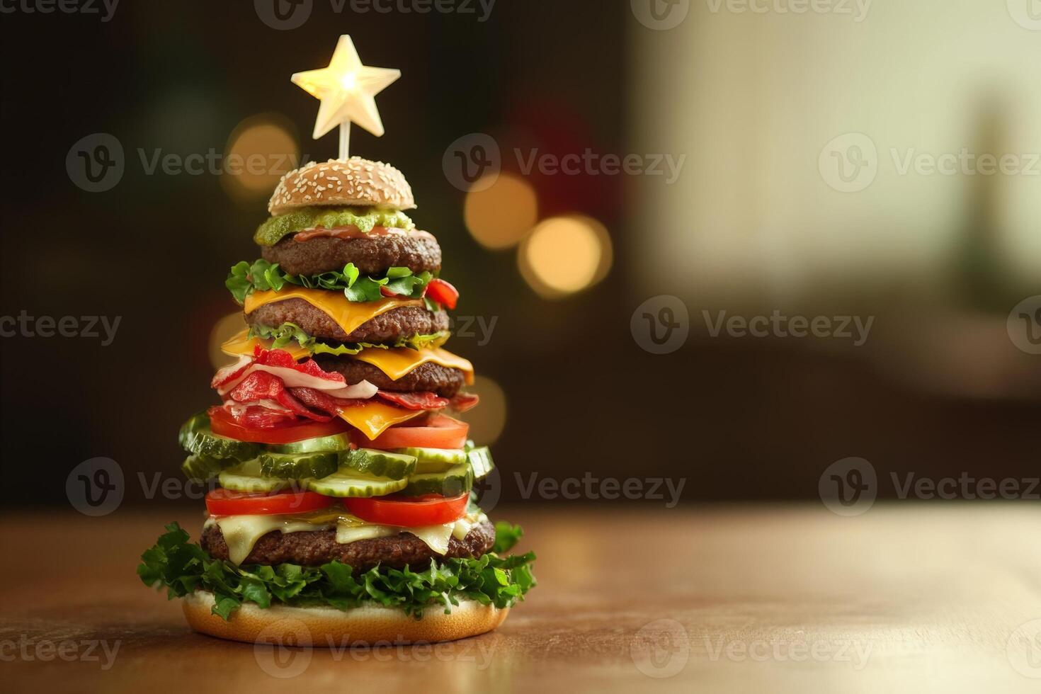 Delicious hamburger shaped like a Christmas tree on a wooden table during the festive holiday season photo
