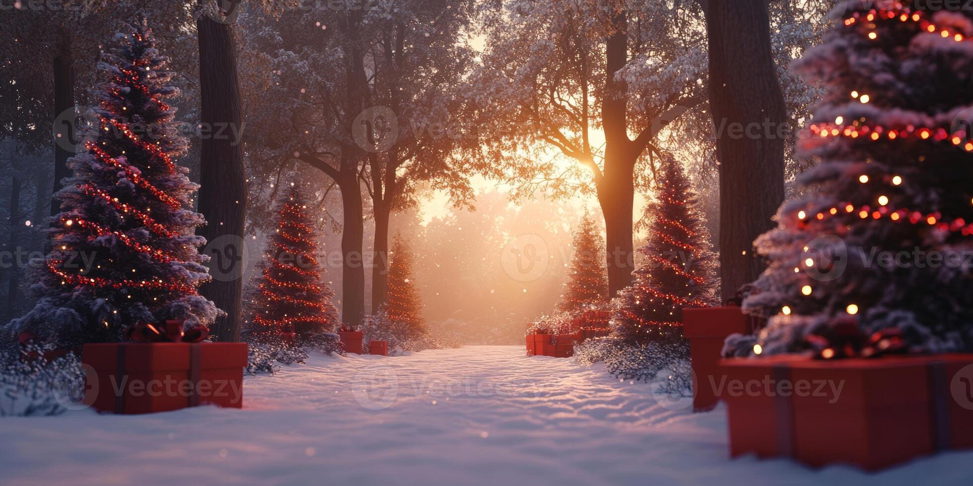 Beautifully decorated Christmas trees with red garlands illuminated by sunrise in a snowy forest near festive presents photo