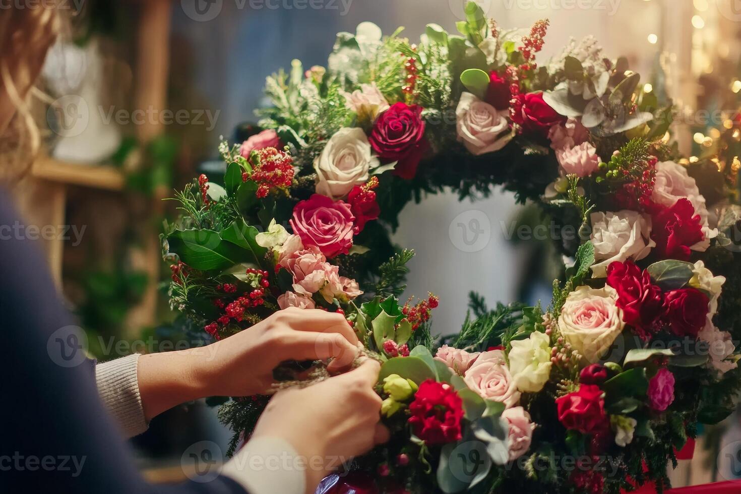 Florist crafting a vibrant Christmas wreath adorned with roses and seasonal greenery in a cozy workshop photo