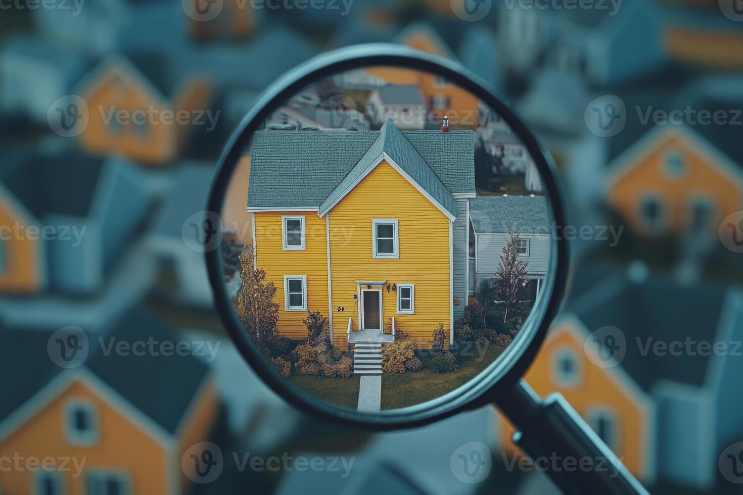 A bright yellow house stands out amidst a cluster of grey houses, as viewed through a magnifying glass in a suburban setting photo