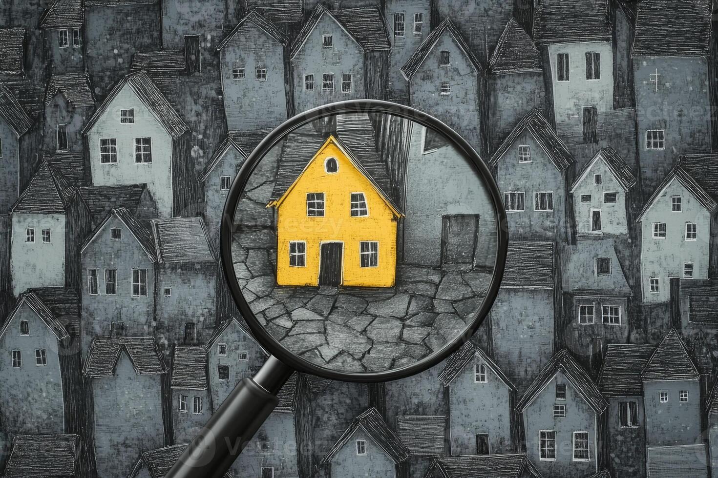 A magnifying glass reveals a vibrant yellow house amid a cluster of grey houses, emphasizing uniqueness in architecture photo