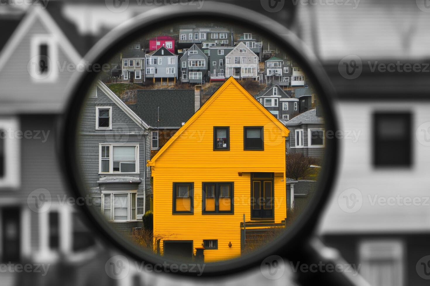 A magnifying glass highlights a striking yellow house set against a backdrop of grey homes in a picturesque neighborhood photo