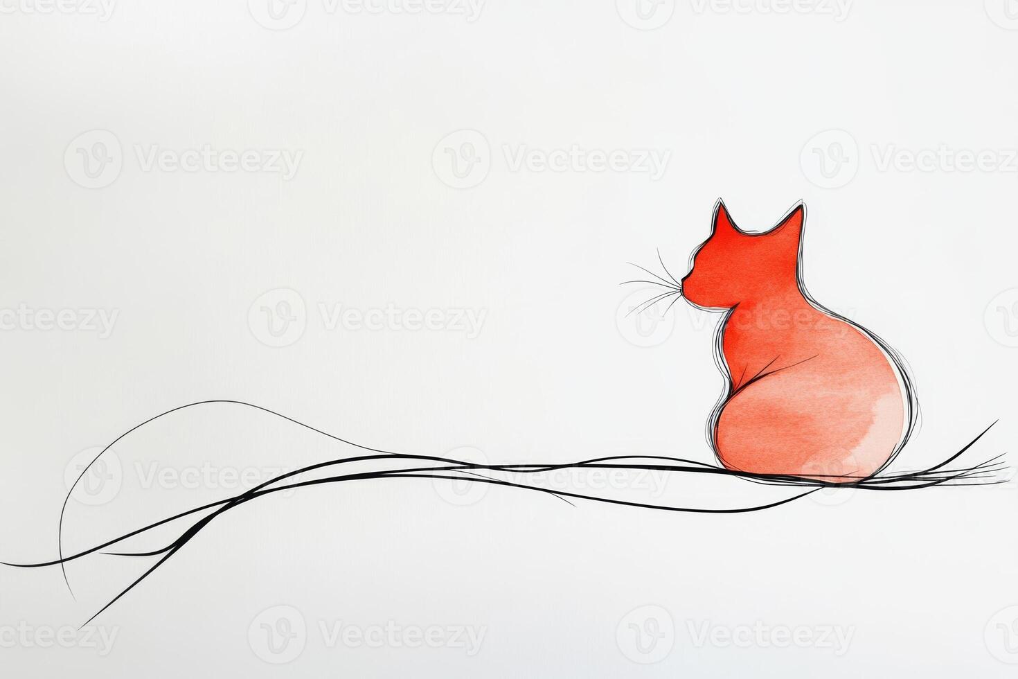 A whimsical red cat sketch sitting on a thin line, featuring minimalistic flat art design with black outlines and watercolor details photo