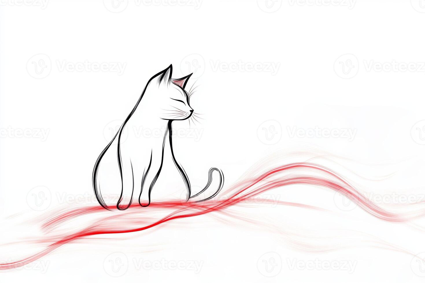 A minimal flat art sketch of a magical red cat with black outlines sitting gracefully on a flowing red line photo