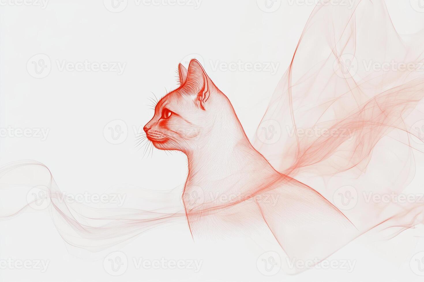 A magical red cat sketched in flat art style with black lines on a white background, showcasing its compelling profile and enchanting aura photo