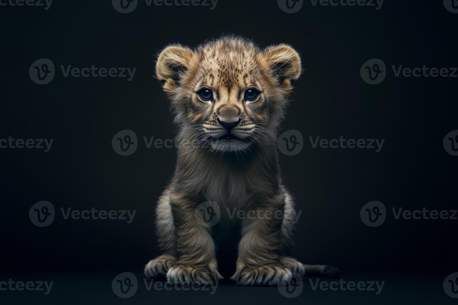 A close-up of a baby lion in rim lighting against a dark background showcasing detailed features and eyes photo
