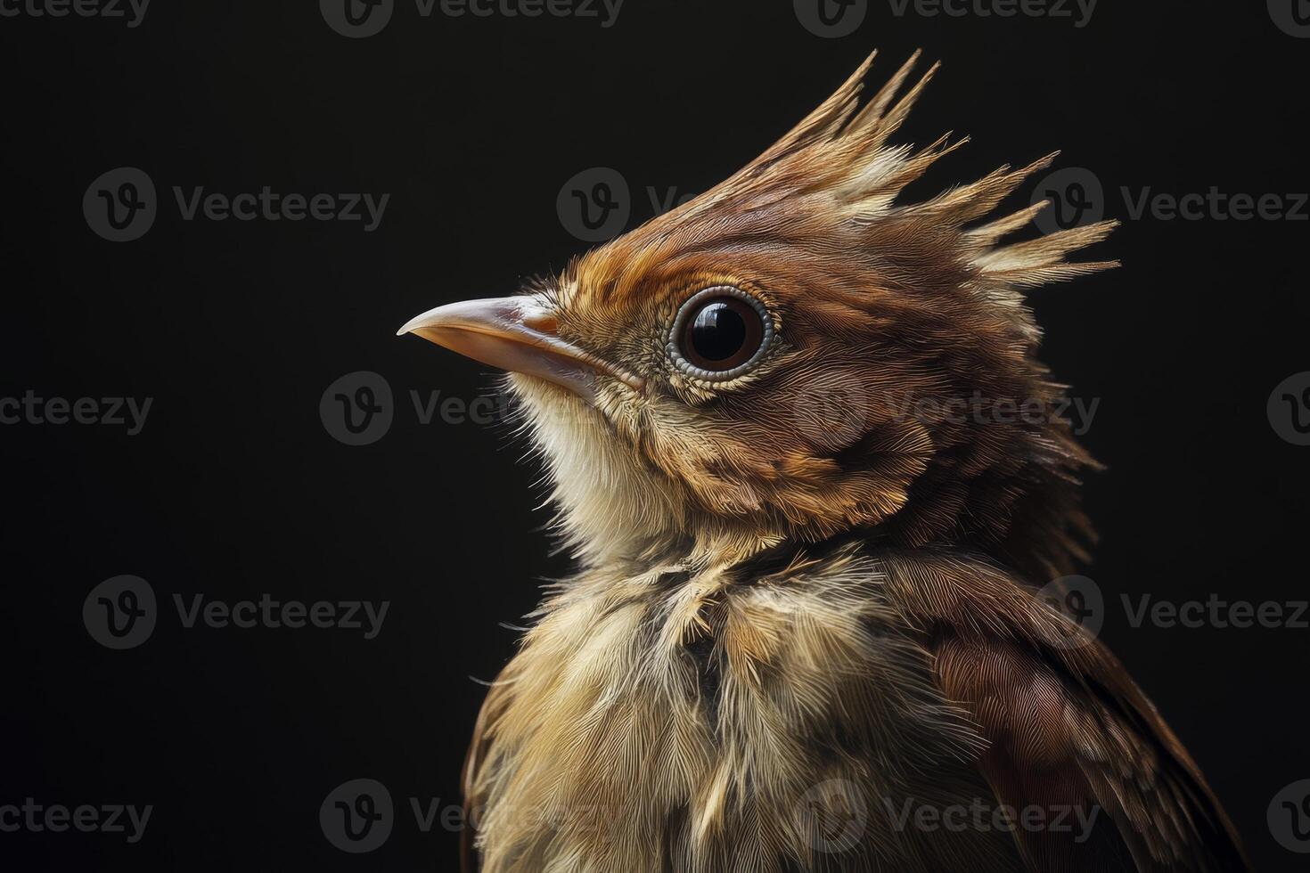 A detailed portrait of a chick with striking rim lighting against a dark background showcasing its intricate feathers and features photo