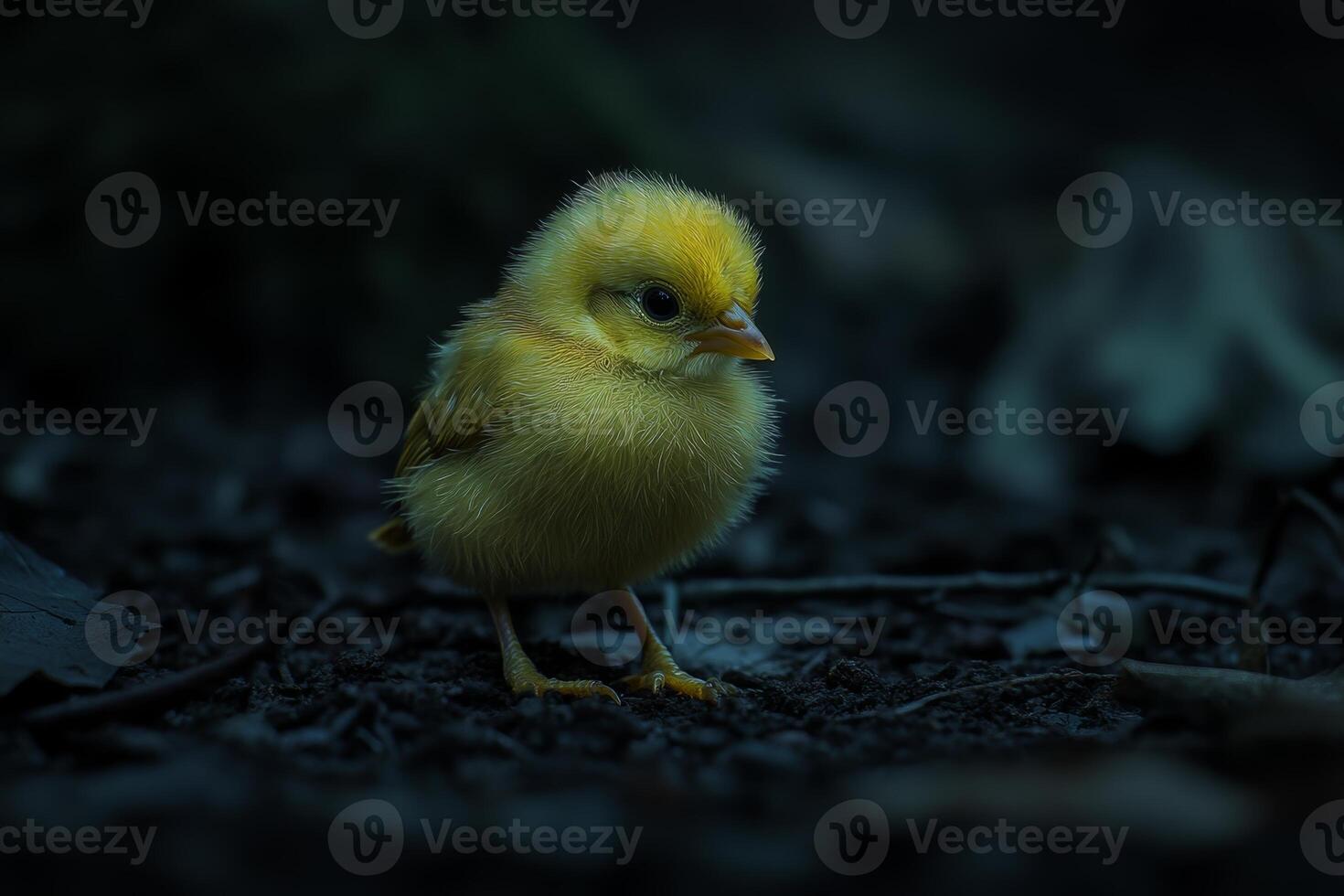 A vibrant yellow chick stands alone, illuminated by rim lighting against a dark background, showcasing its soft feathers and curious stance photo