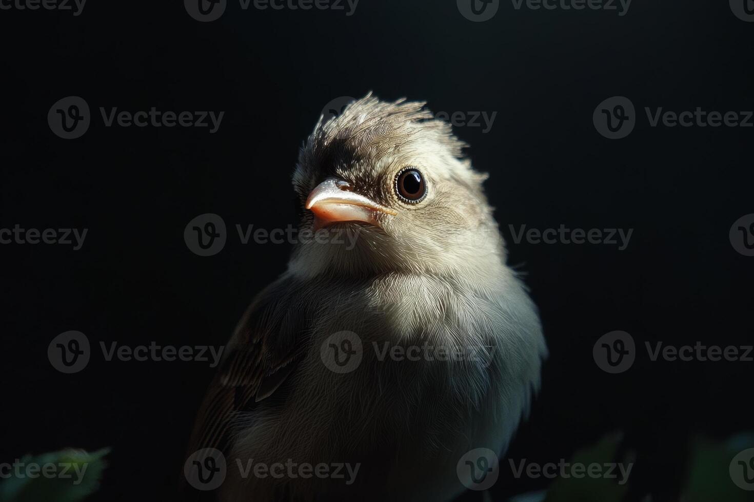 A detailed portrait of a chick with rim lighting creating a soft glow against a dark background in a serene setting photo