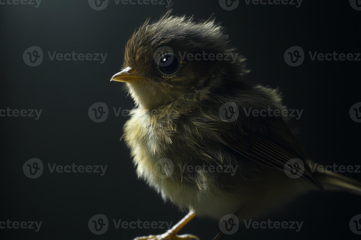A newly hatched chick stands poised in rim lighting against a dark backdrop, showcasing detailed features at dusk photo
