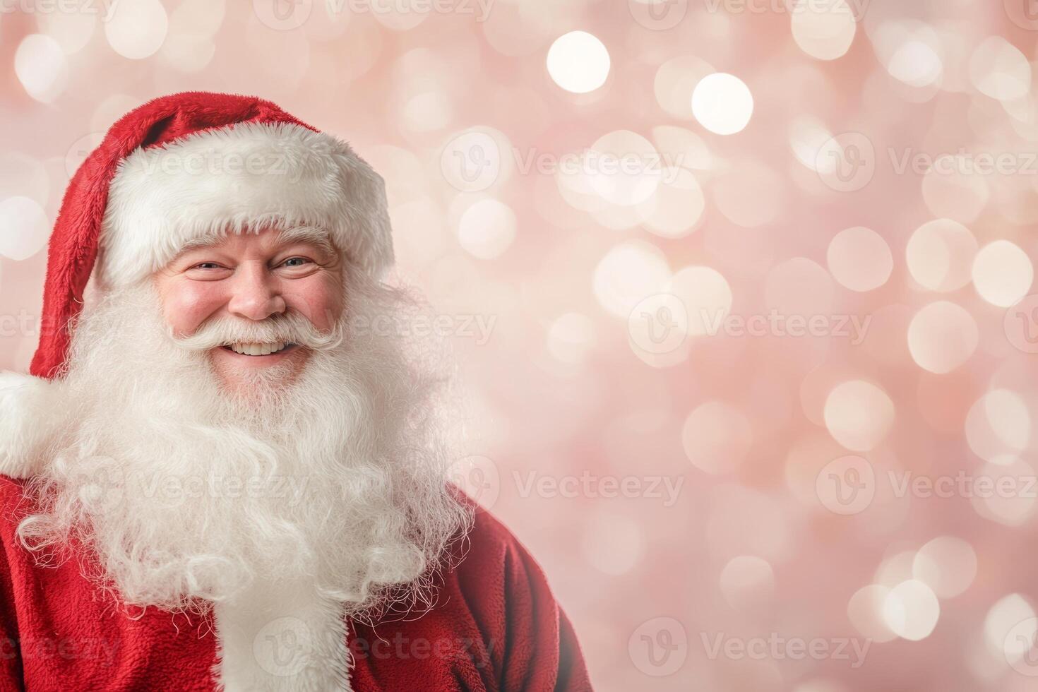Joyful Santa Claus smiling against a dreamy bokeh background, inviting the holiday spirit during Christmas celebrations photo