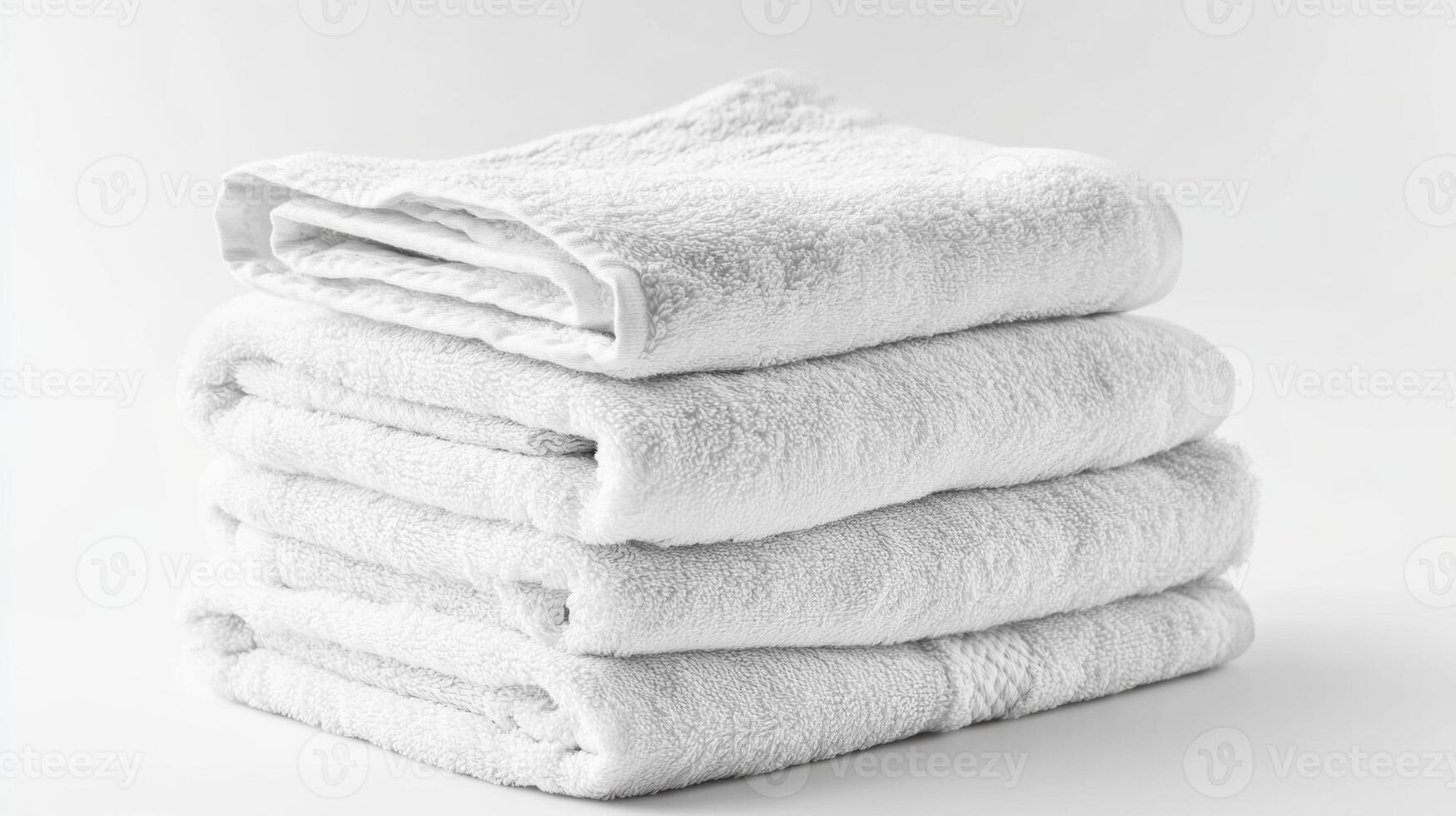 A neatly folded set of clean white towels isolated on a bright white background showcasing their softness and cleanliness for bathroom use photo