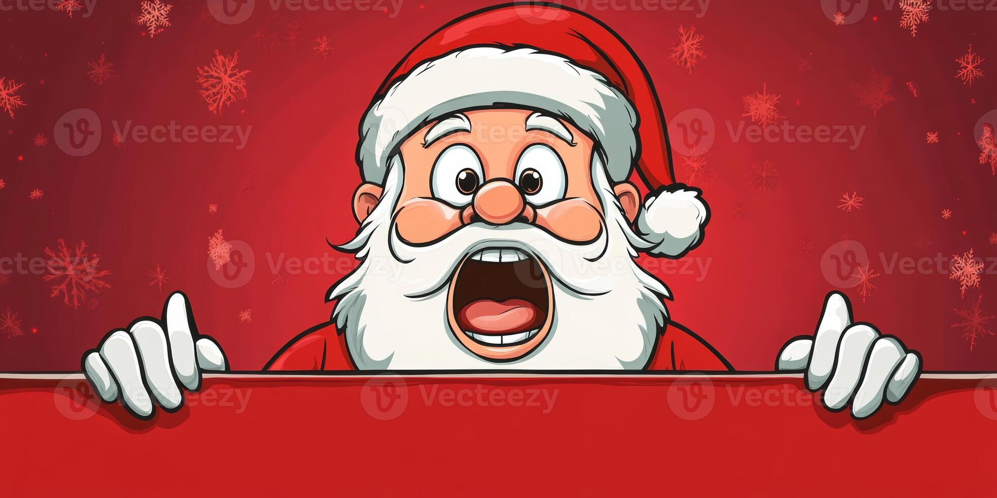 Shocked Santa Claus with a festive expression holding a red banner ready for joyful holiday messages in a cheerful Christmas atmosphere photo