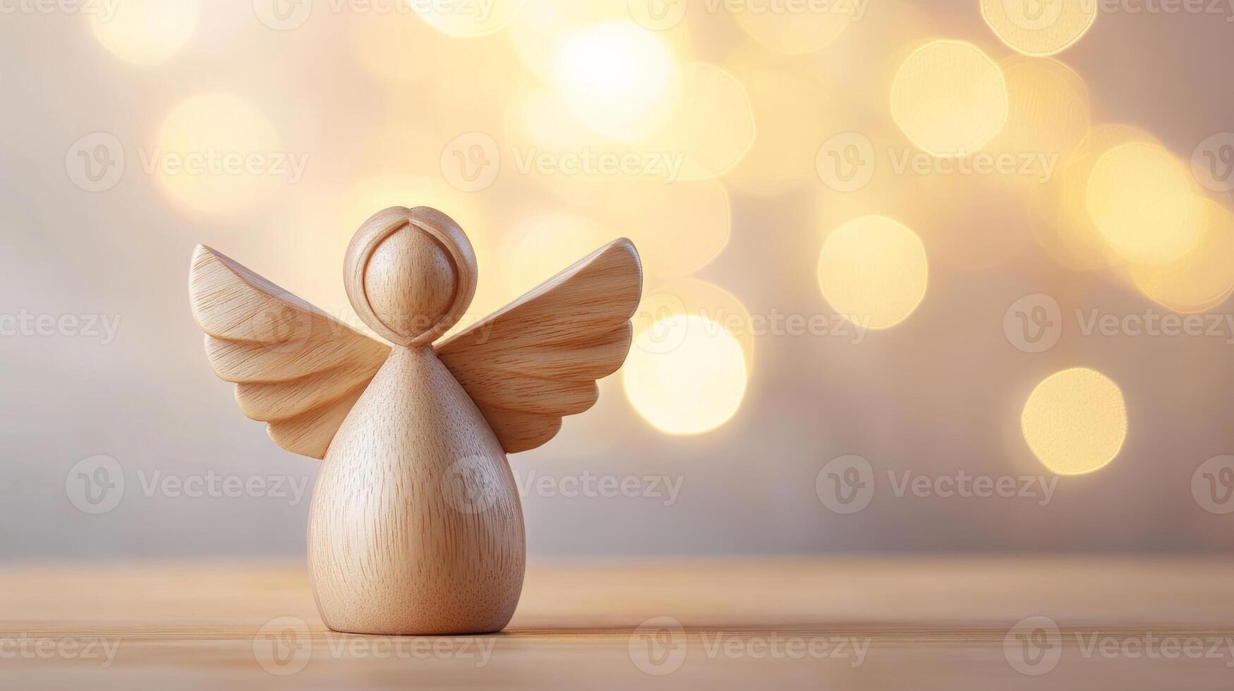 A handcrafted wood figurine of a Christmas angel stands gracefully against a warm bokeh background, evoking holiday joy and peace photo