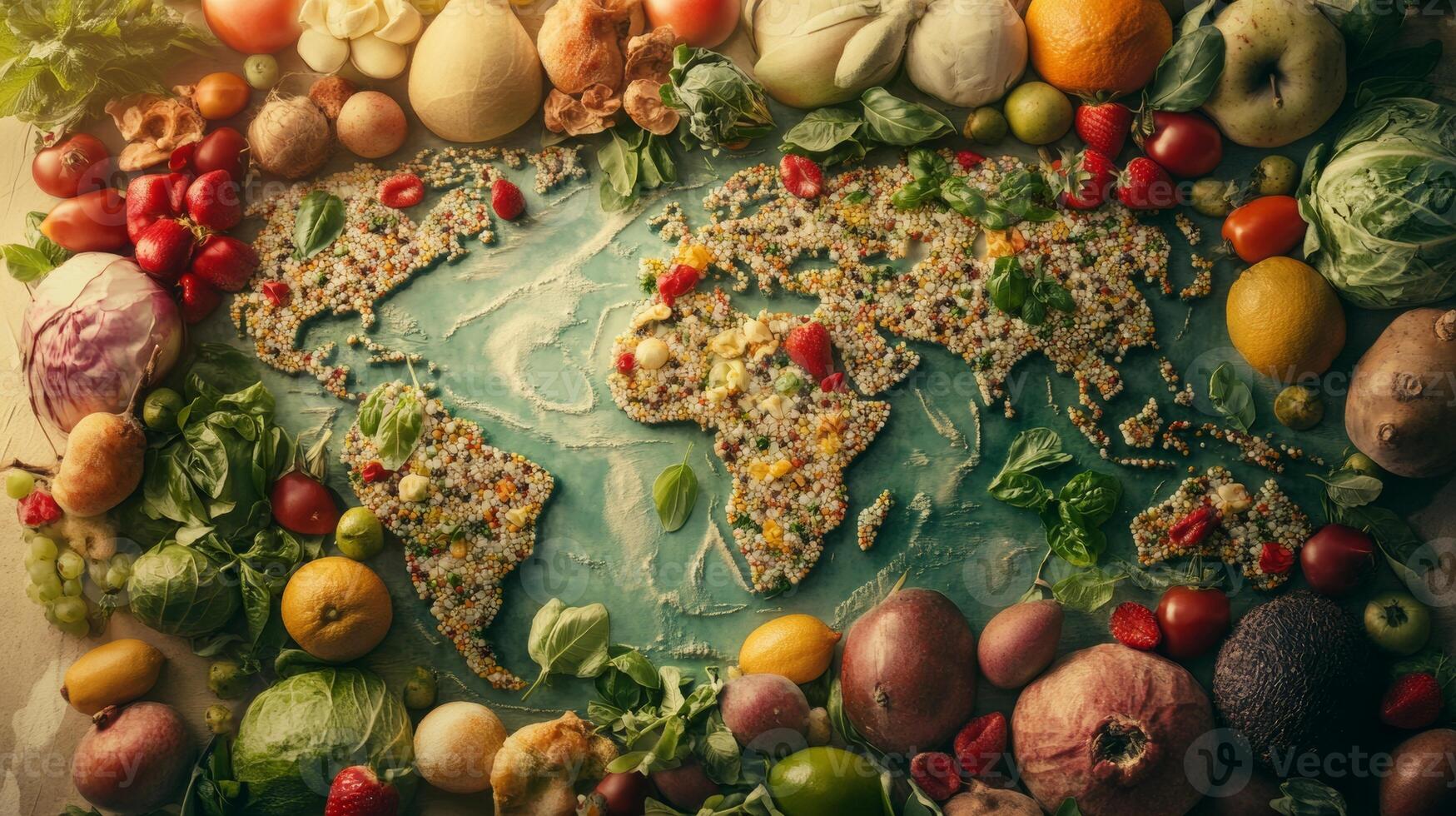 Celebrating World Food Day with a vibrant display of global produce arranged on a map of the world photo