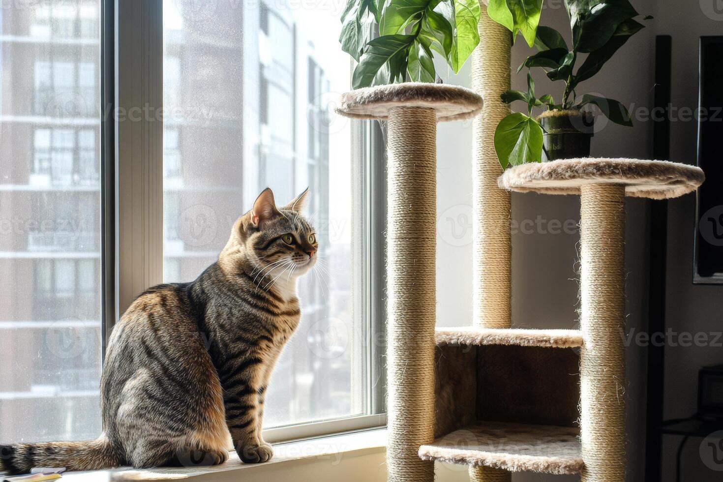 A curious cat exploring a scratching post while enjoying the sun by the window in a cozy indoor environment during the afternoon photo