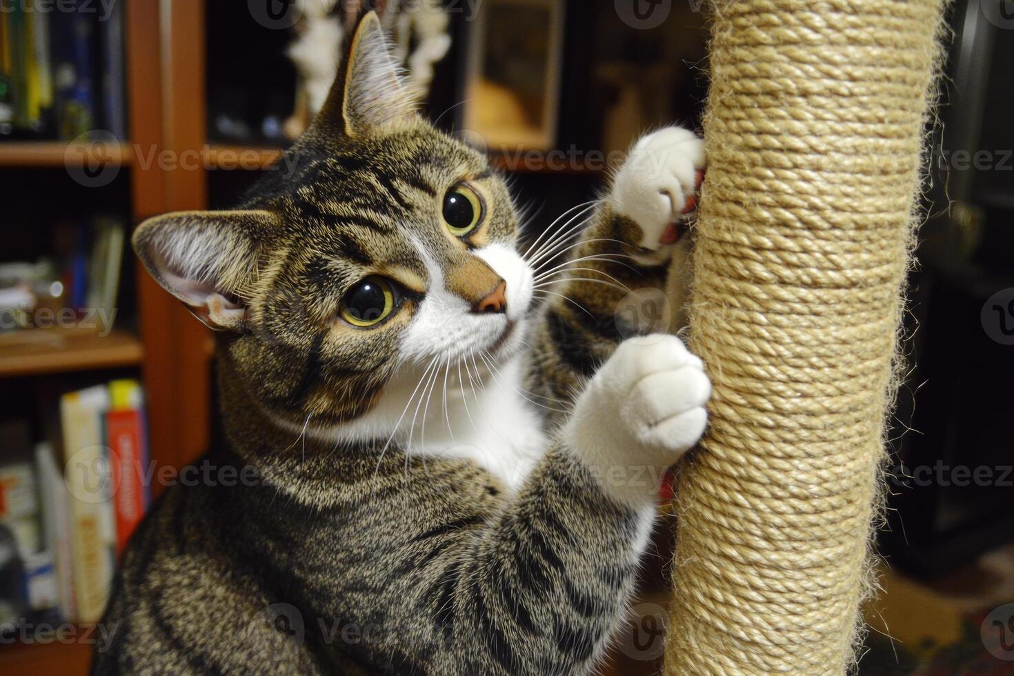 A playful cat enjoying its time scratching and climbing on a cat tree indoors during the evening hours photo